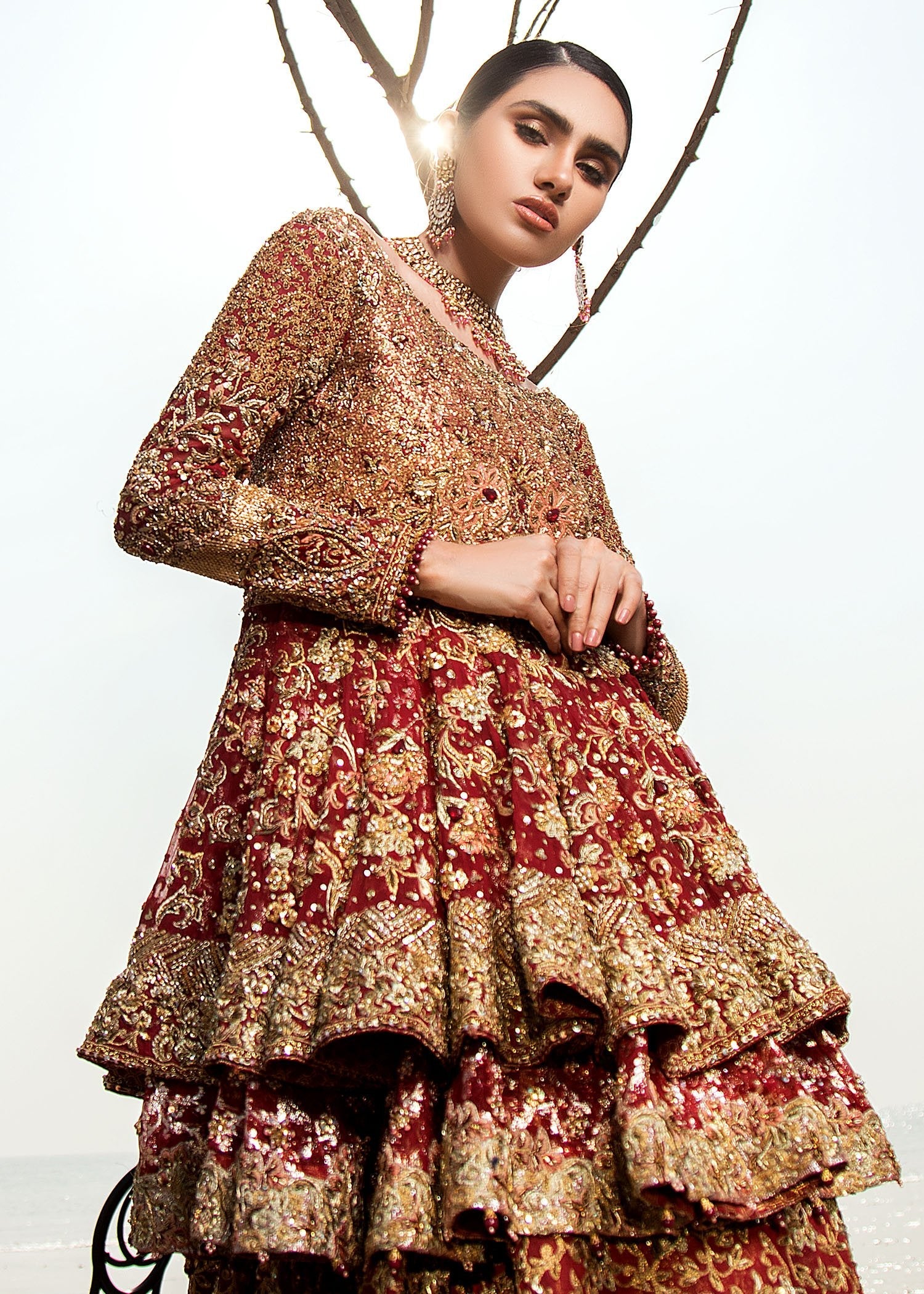 Deep Maroon Zardozi Velvet Bridal Lehenga (3-Piece) - Image 2