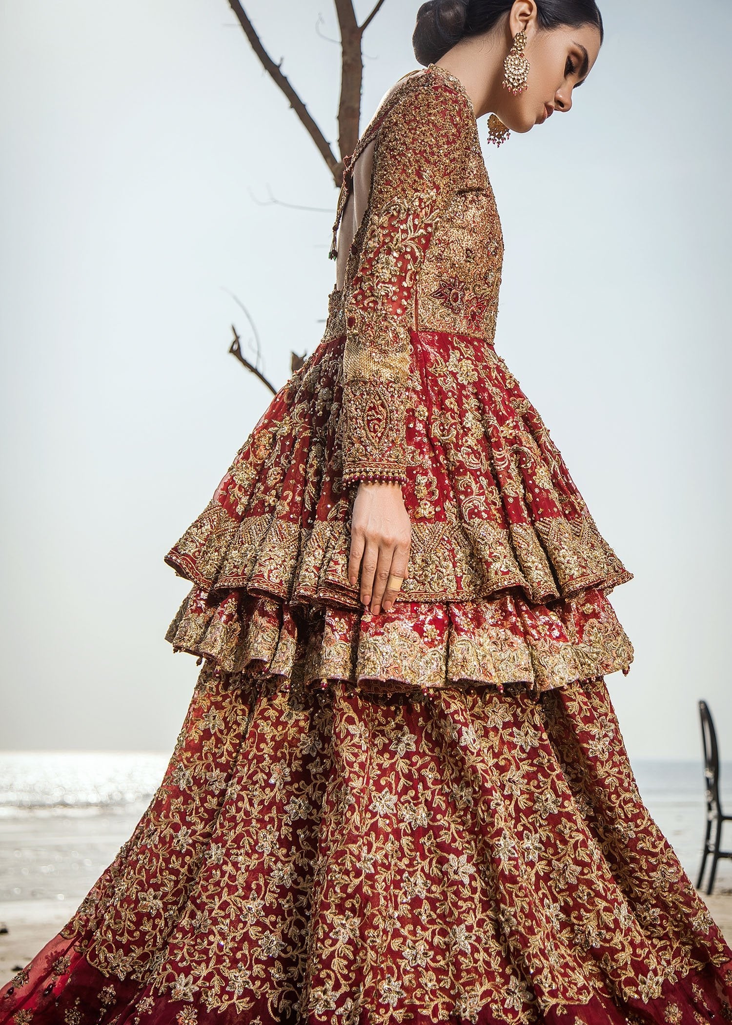 Deep Maroon Zardozi Velvet Bridal Lehenga (3-Piece) - Image 3