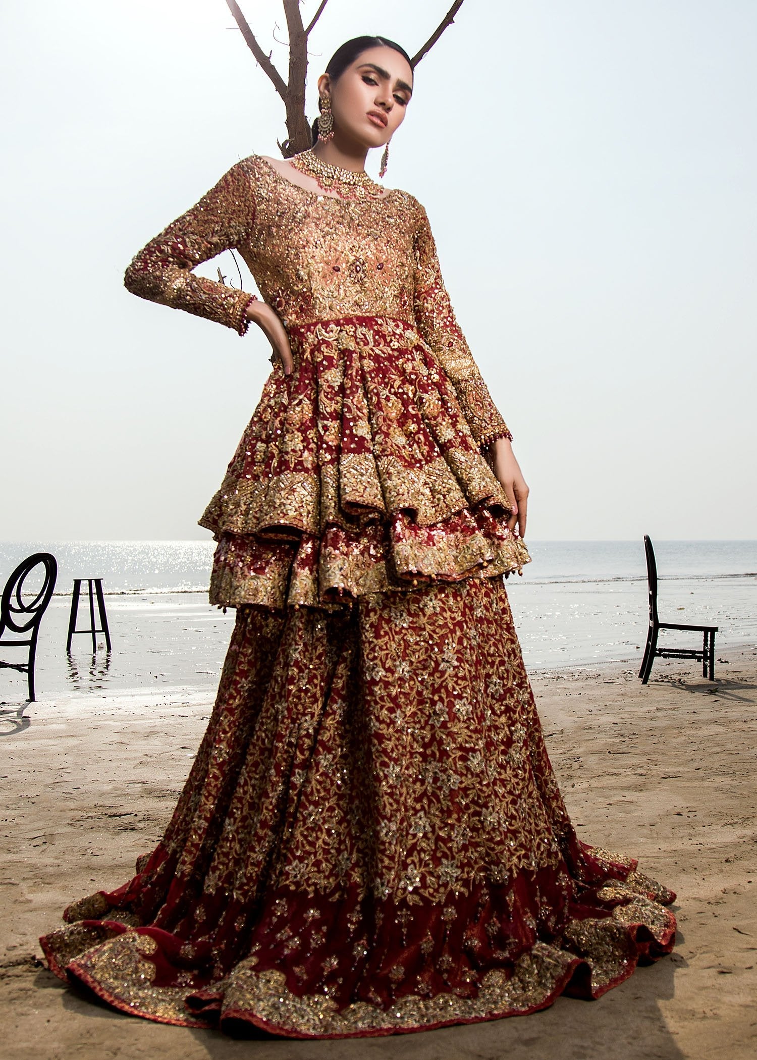 Deep Maroon Zardozi Velvet Bridal Lehenga (3-Piece) - Image 4