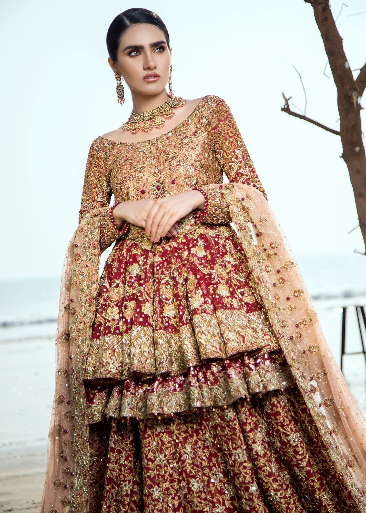 Deep Maroon Zardozi Velvet Bridal Lehenga (3-Piece) - Image 5