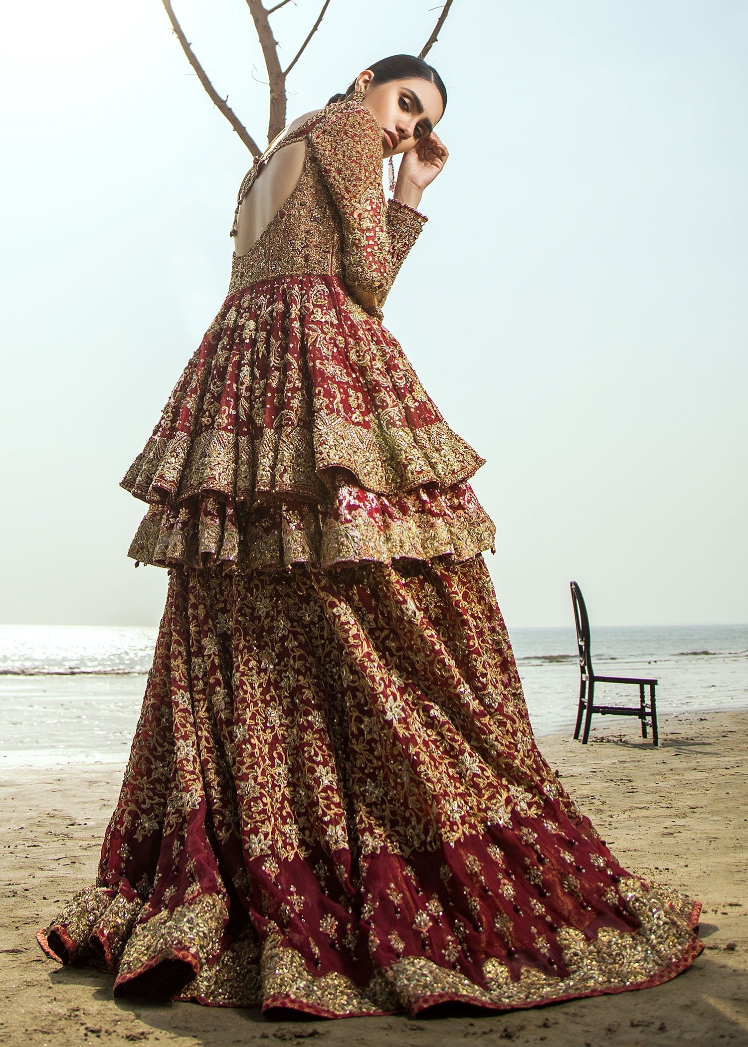 Deep Maroon Zardozi Velvet Bridal Lehenga (3-Piece) - Image 6