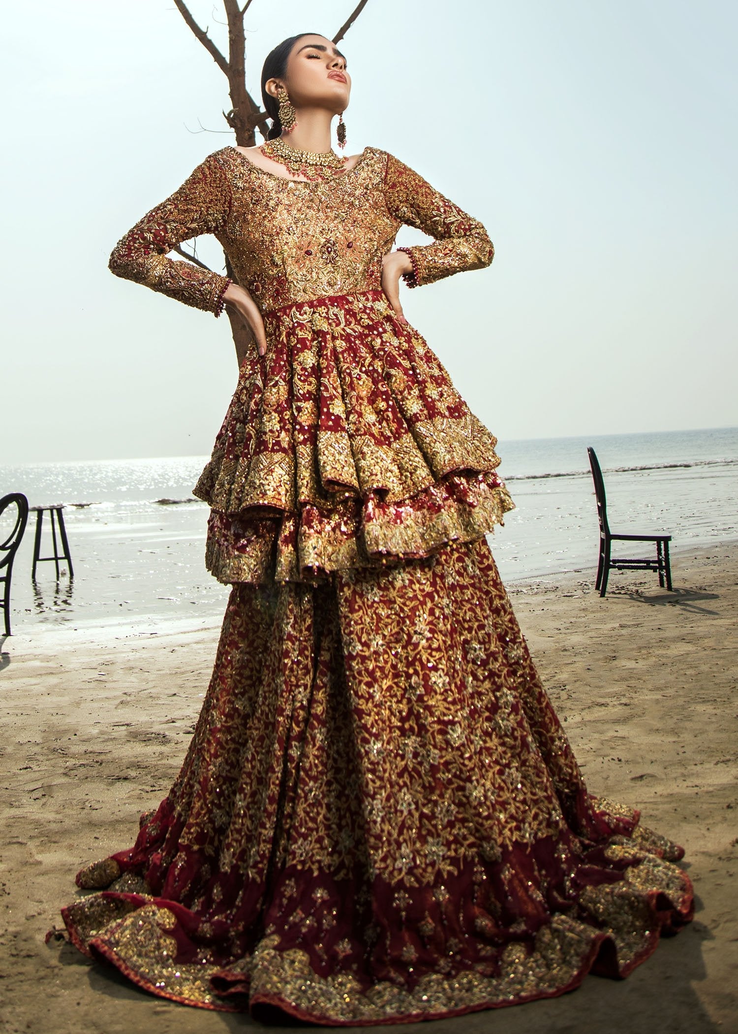 Deep Maroon Zardozi Velvet Bridal Lehenga (3-Piece) - Image 8