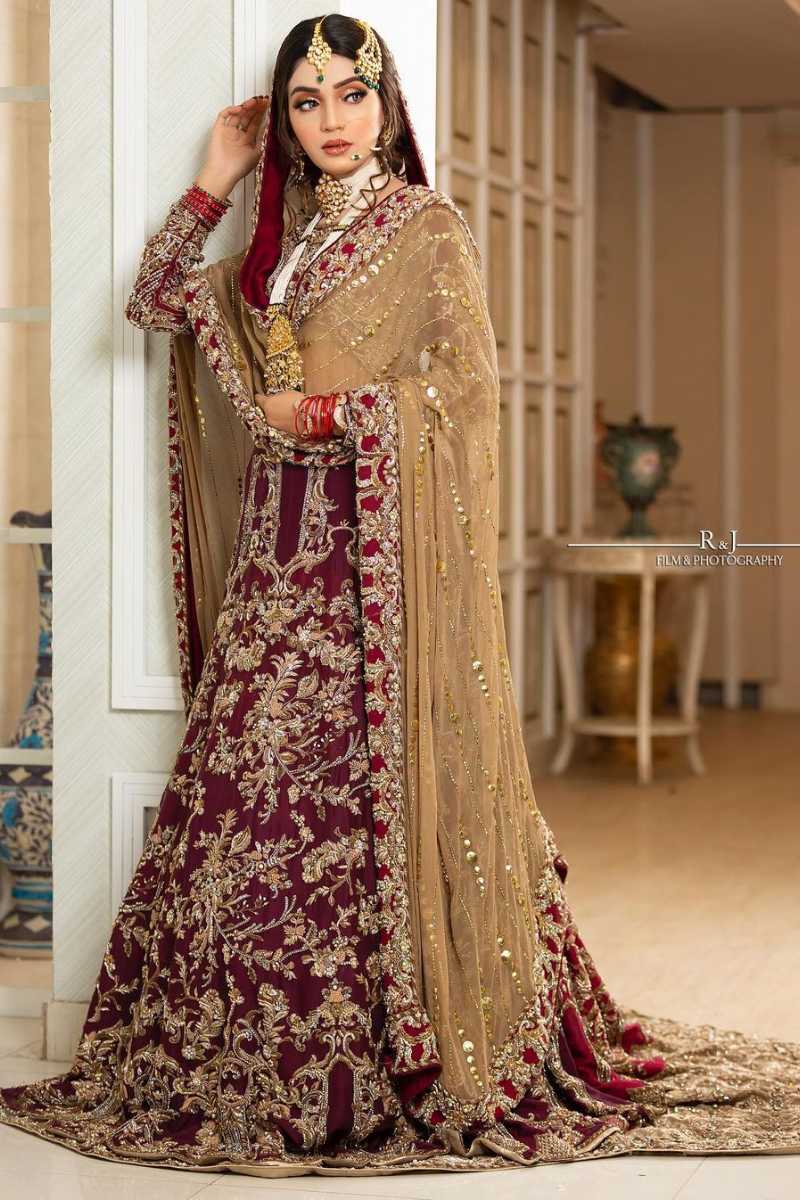Deep Maroon Zardozi Velvet Bridal Lehenga (3-Piece) - Image 1