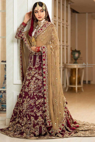 Deep Maroon Zardozi Velvet Bridal Lehenga (3-Piece) - Image 2