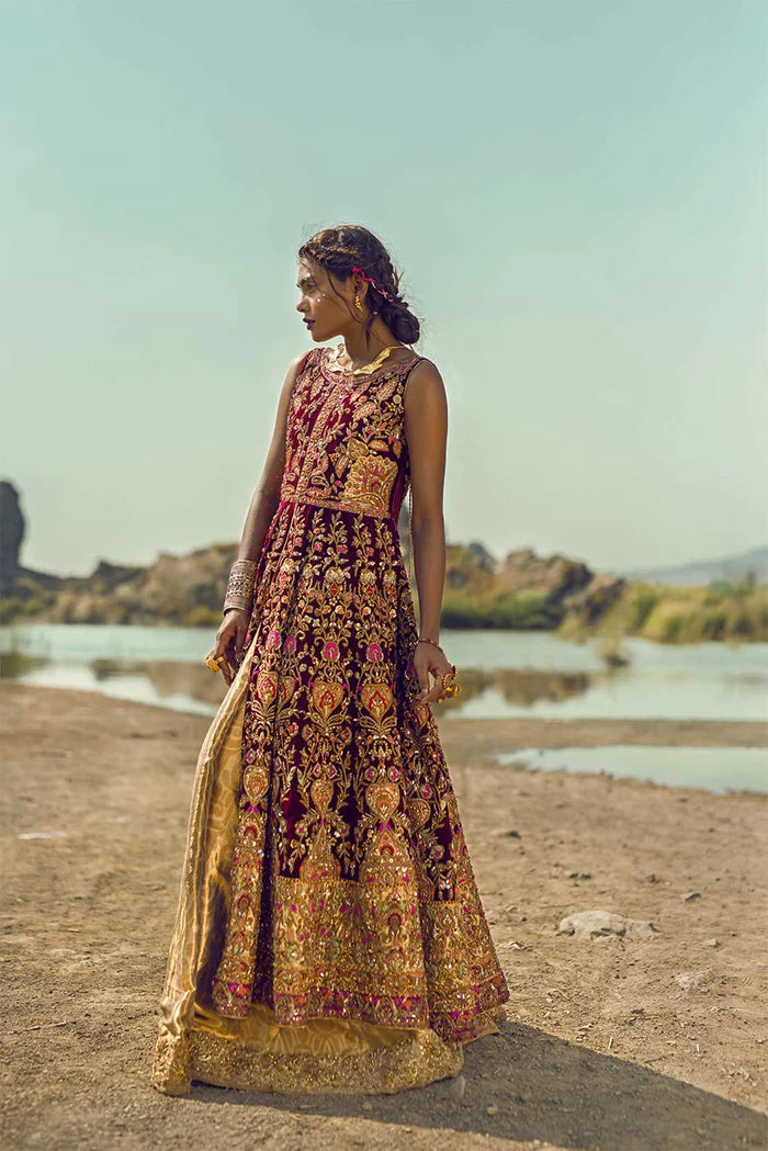 Pakistani Deep Maroon Embellished Velvet Bridal Gown (3-Piece) - Image 1