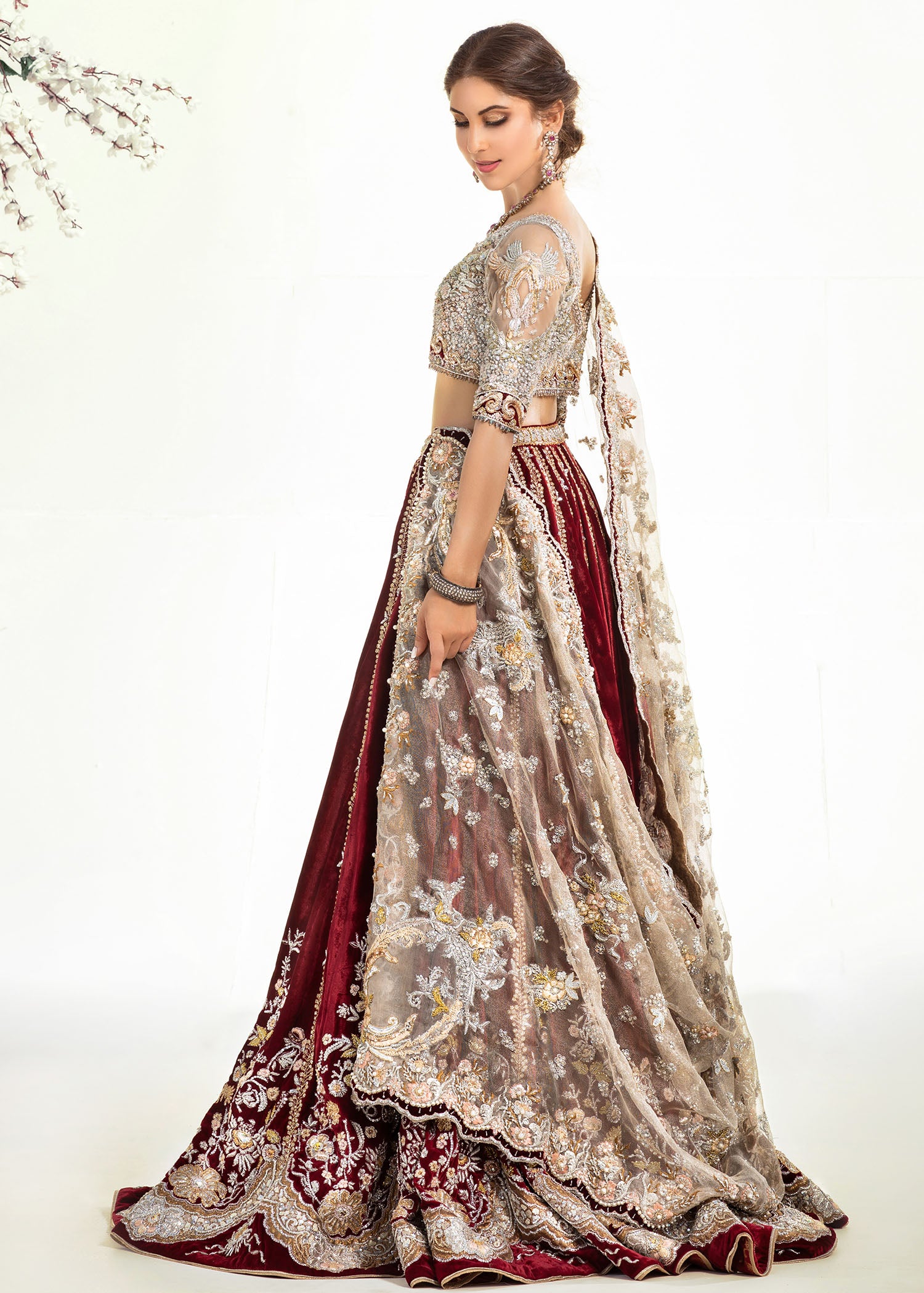 Pakistani Deep Maroon Embellished Velvet Bridal Lehenga (3-Piece) - Image 2