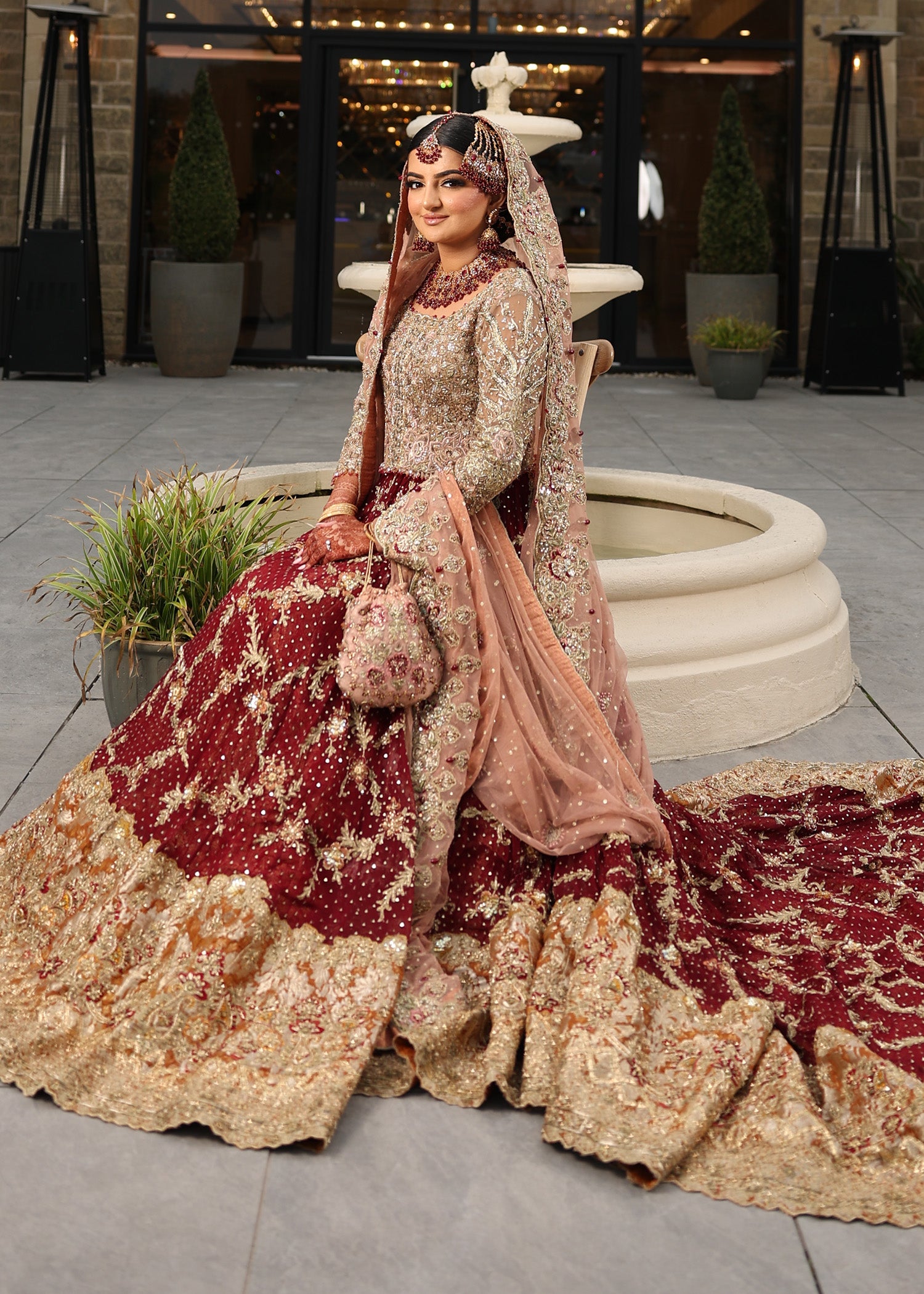 Pakistani Deep Maroon Embellished Velvet Silk Bridal Lehenga (3-Piece) - Image 1
