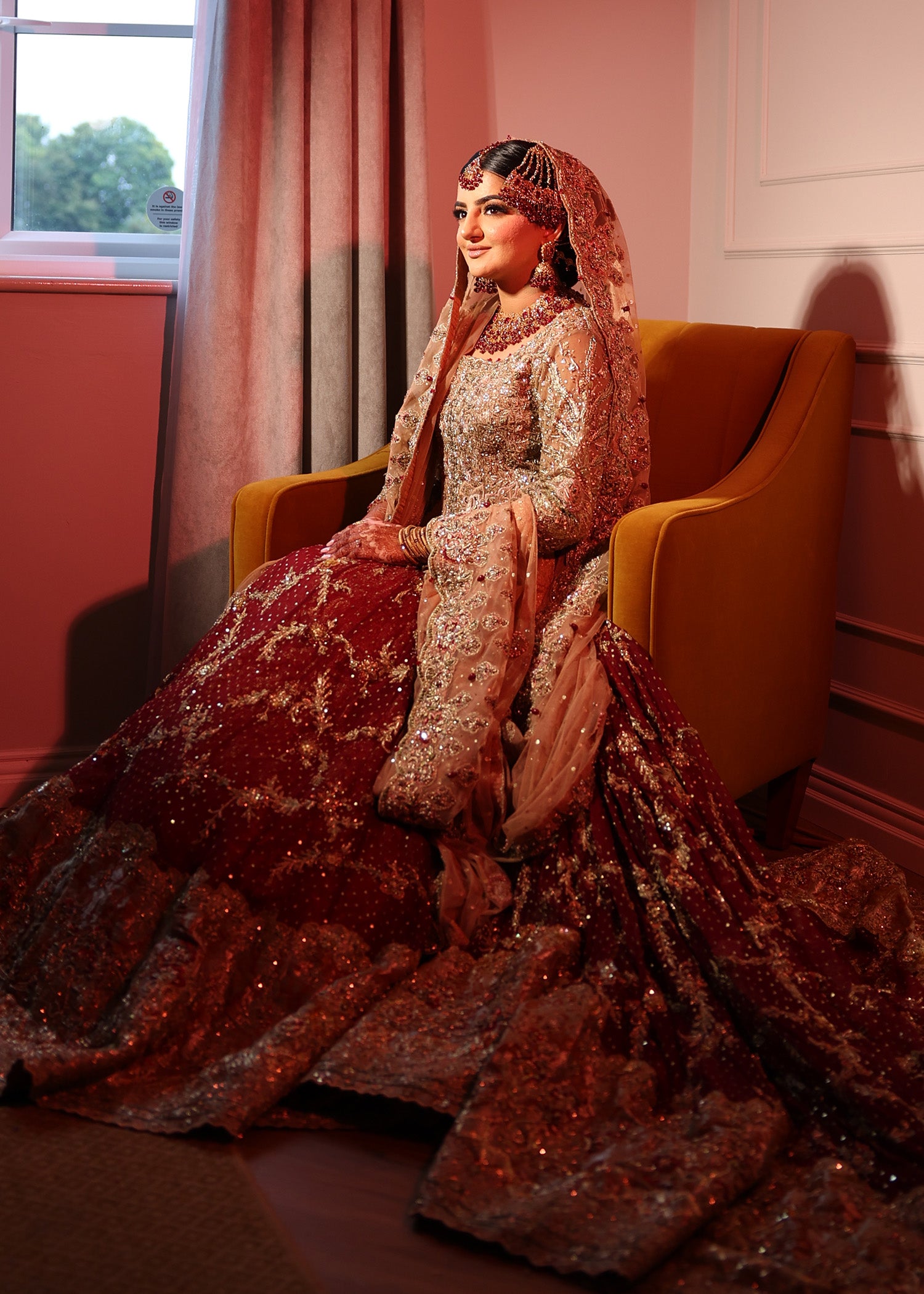 Pakistani Deep Maroon Embellished Velvet Silk Bridal Lehenga (3-Piece) - Image 2