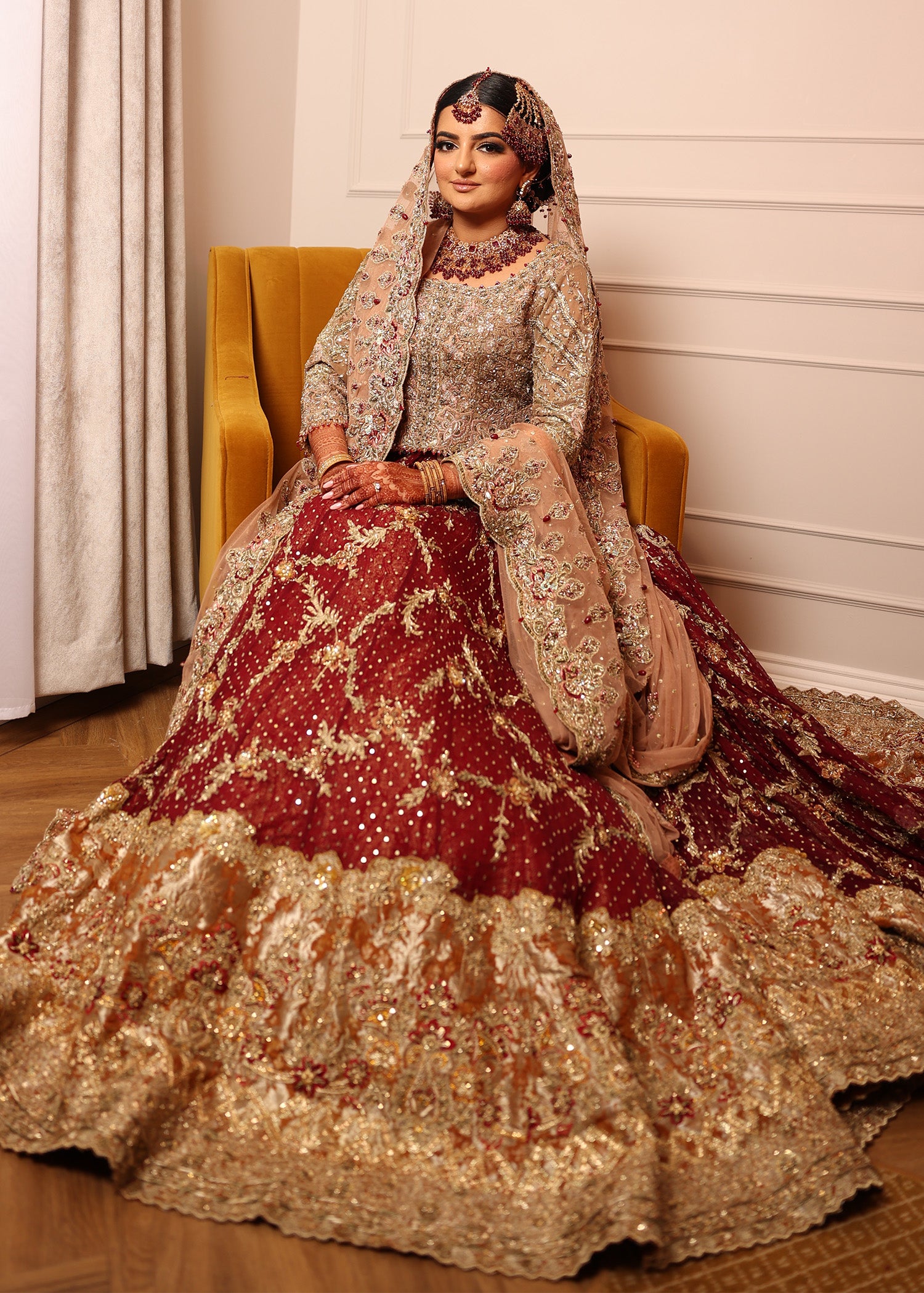Pakistani Deep Maroon Embellished Velvet Silk Bridal Lehenga (3-Piece) - Image 3