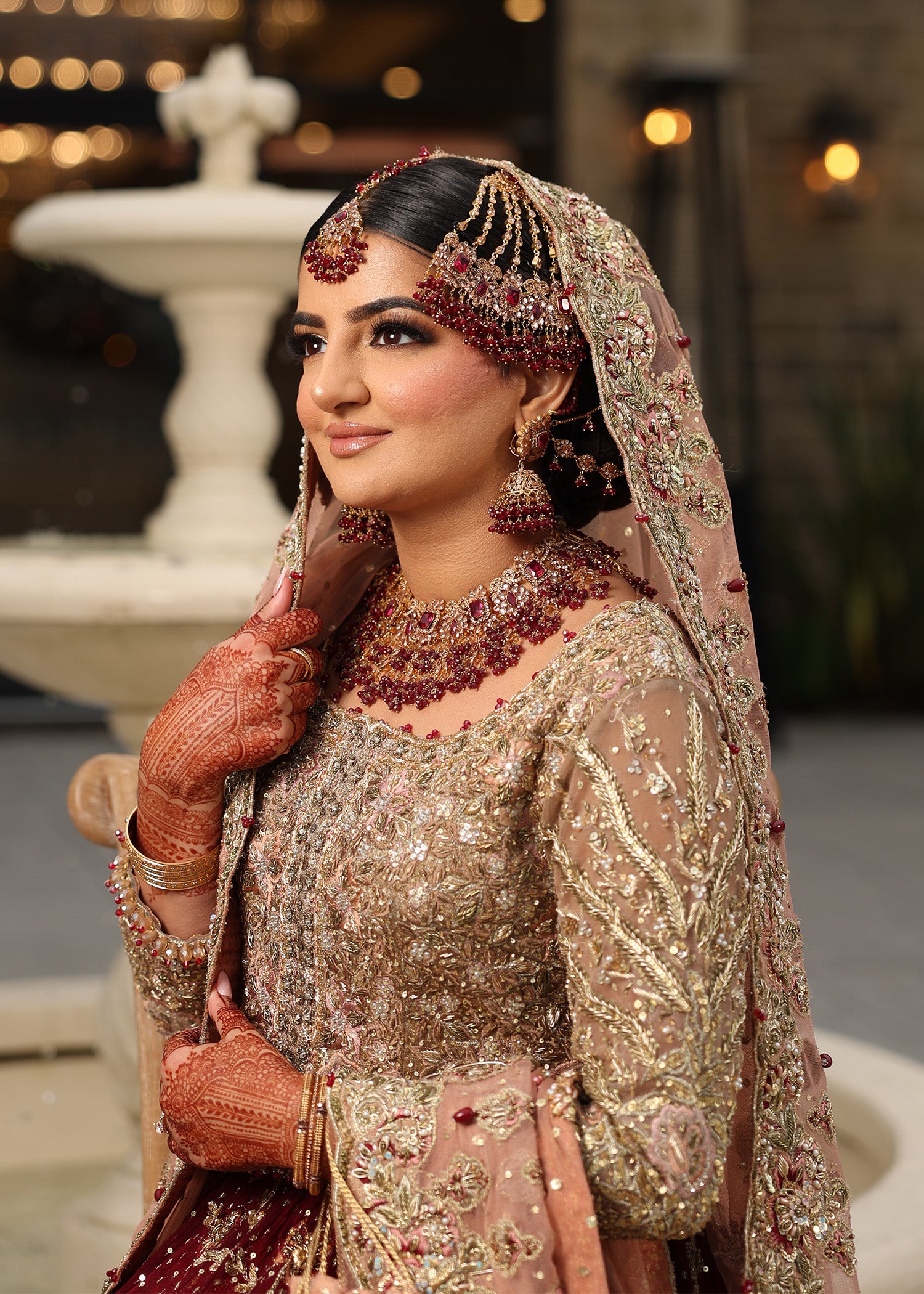 Pakistani Deep Maroon Embellished Velvet Silk Bridal Lehenga (3-Piece) - Image 4