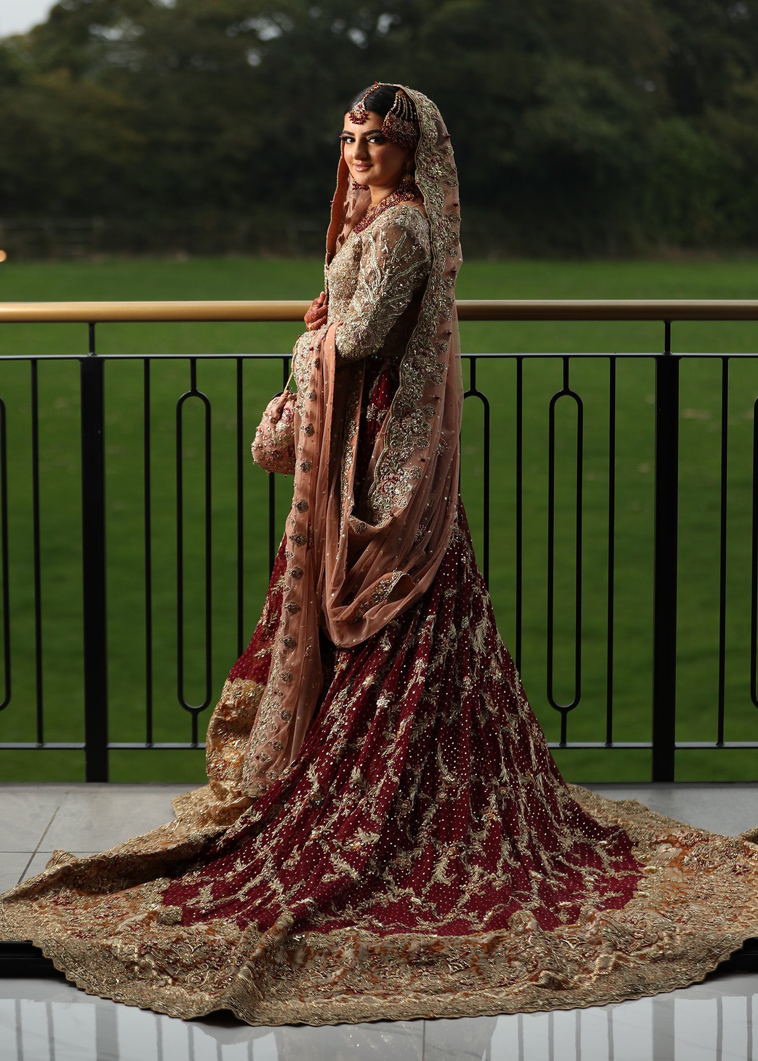 Pakistani Deep Maroon Embellished Velvet Silk Bridal Lehenga (3-Piece) - Image 5
