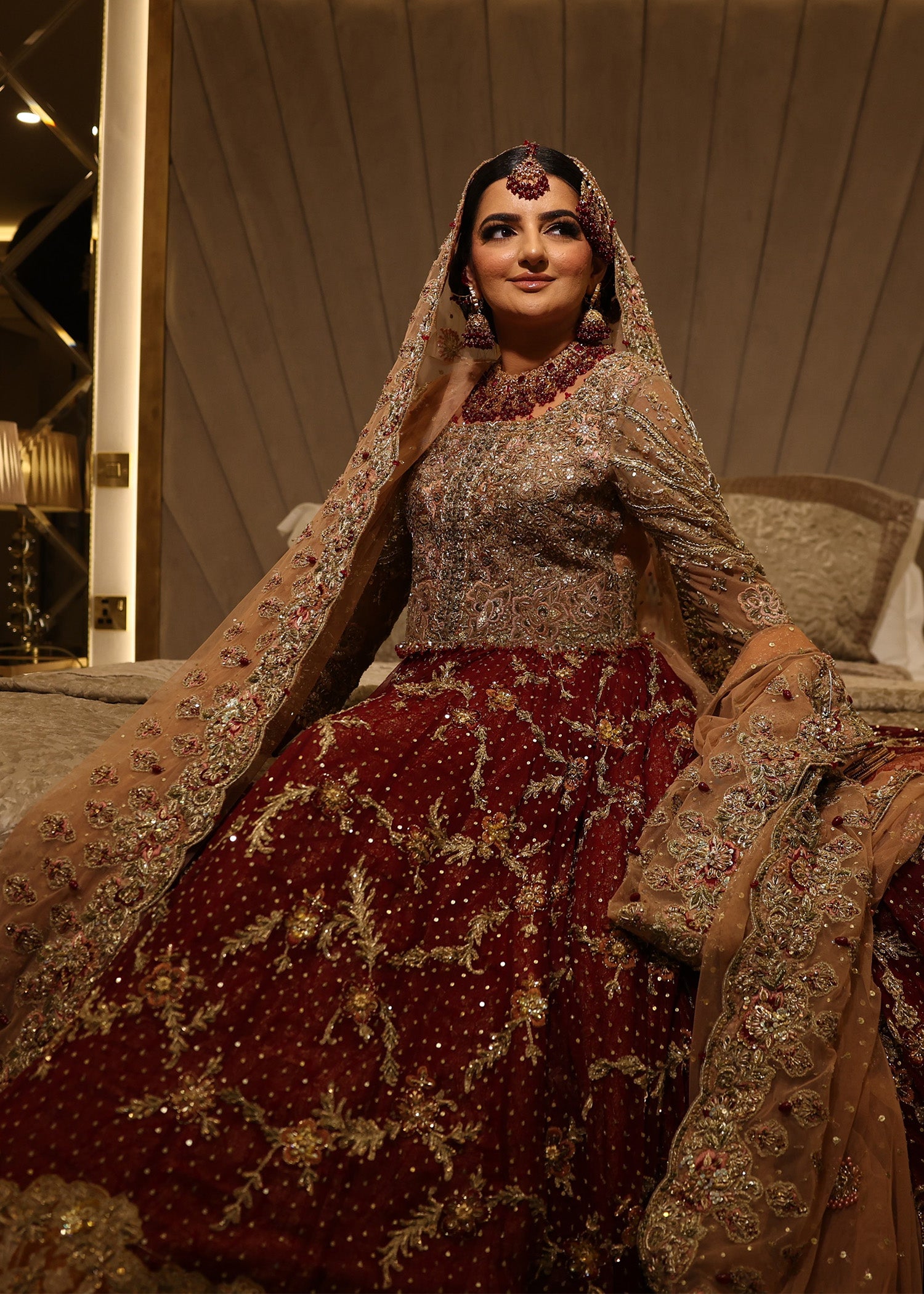 Pakistani Deep Maroon Embellished Velvet Silk Bridal Lehenga (3-Piece) - Image 6