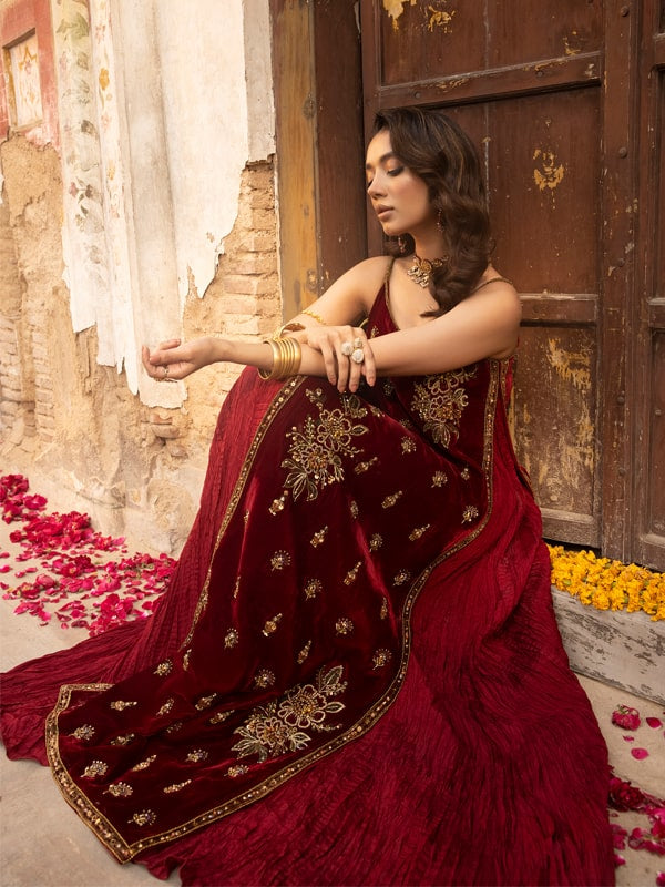 Pakistani Mehroon Embellished Velvet Maxi Dress (3-Piece) - Image 3