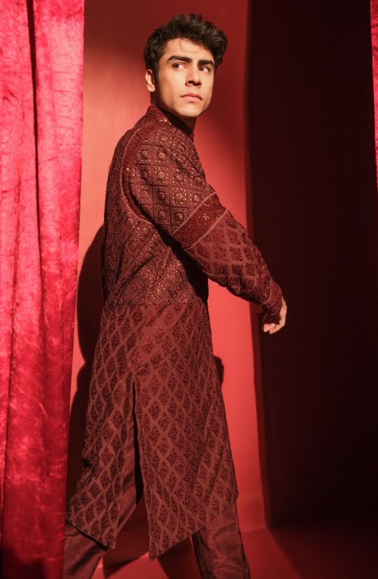 Maroon Chikankari Boski Kurta with Raw Silk Pants (2-Piece) - Image 1