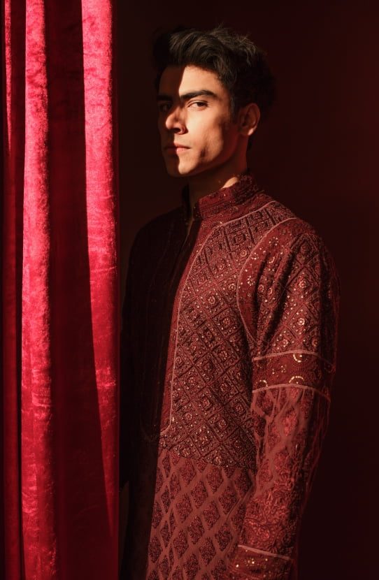 Maroon Chikankari Boski Kurta with Raw Silk Pants (2-Piece) - Image 2