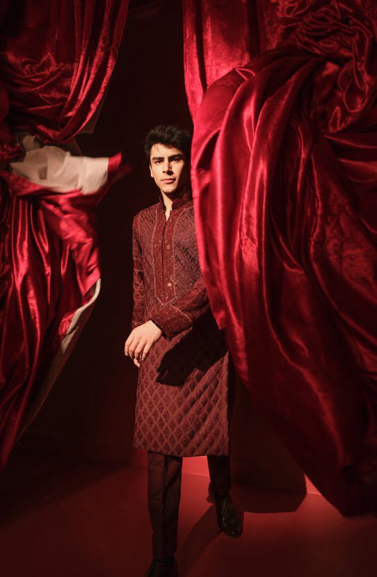 Maroon Chikankari Boski Kurta with Raw Silk Pants (2-Piece) - Image 3