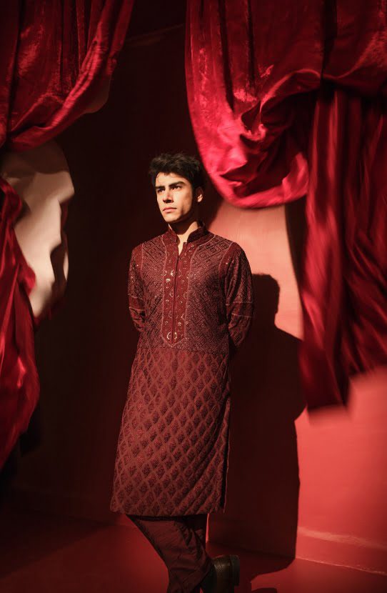 Maroon Chikankari Boski Kurta with Raw Silk Pants (2-Piece) - Image 4