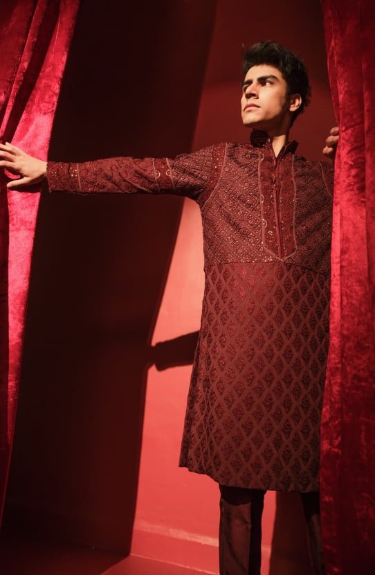 Maroon Chikankari Boski Kurta with Raw Silk Pants (2-Piece) - Image 5