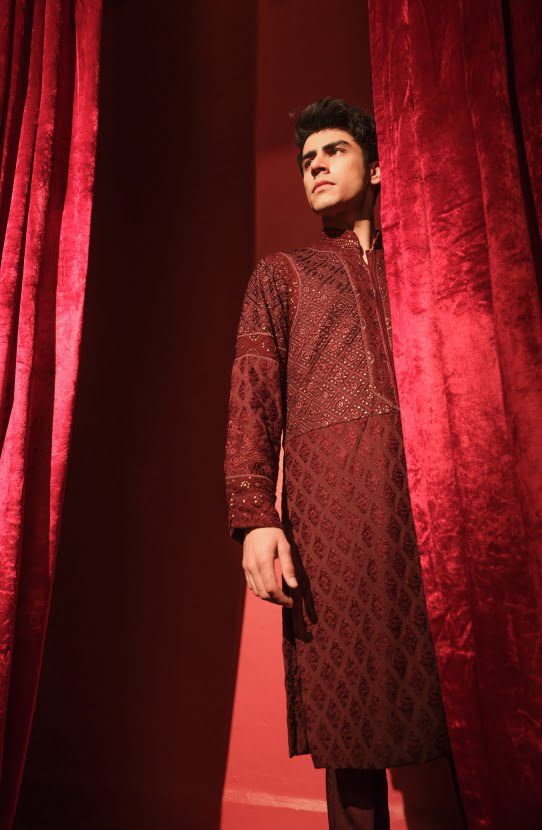 Maroon Chikankari Boski Kurta with Raw Silk Pants (2-Piece) - Image 6