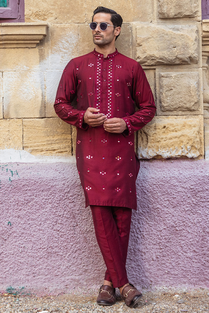 Maroon Mirror Work Khaddi Silk Kurta (3-Piece) - Image 1