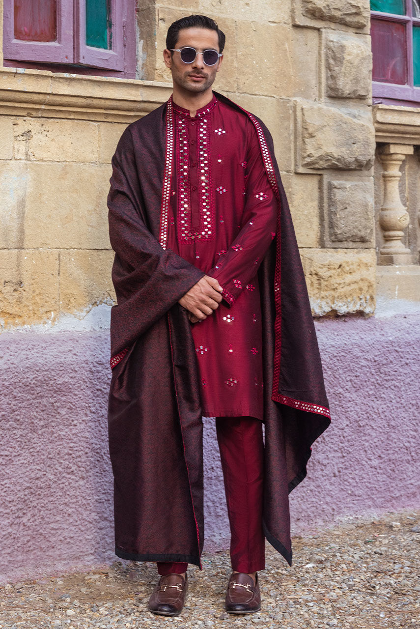 Maroon Mirror Work Khaddi Silk Kurta (3-Piece) - Image 3