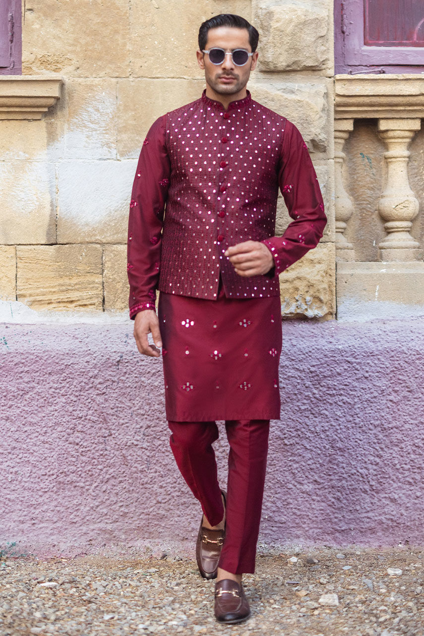 Maroon Mirror Work Khaddi Silk Kurta (3-Piece) - Image 4