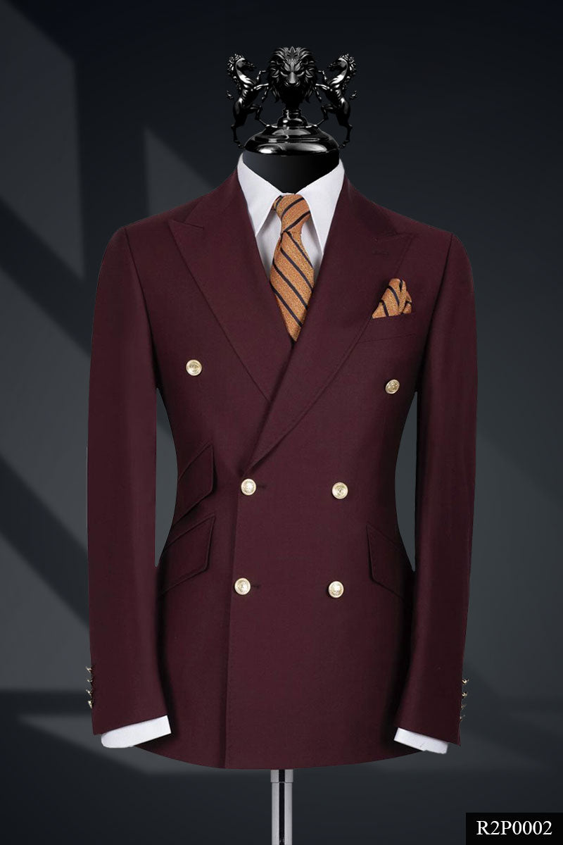 Burgundy Wool Double-Breasted Peak Lapel Suit (2-Piece) - Image 1