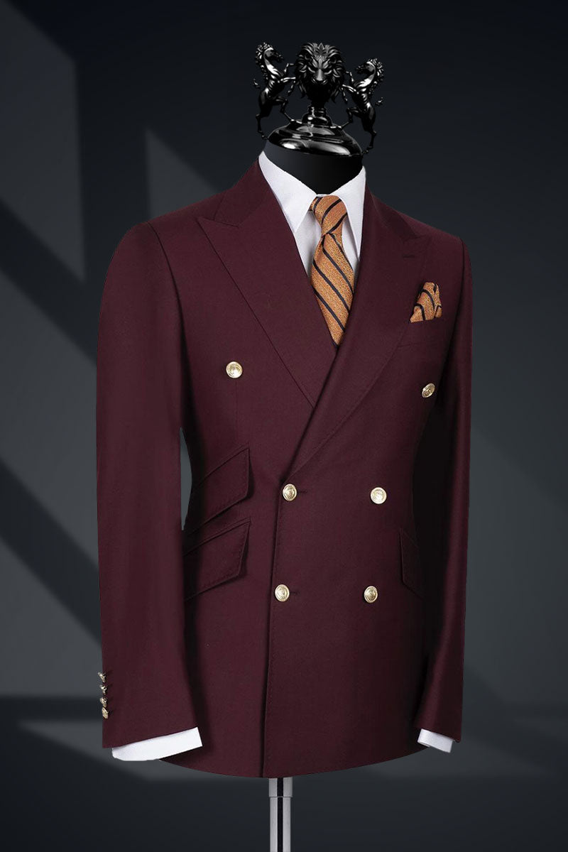 Burgundy Wool Double-Breasted Peak Lapel Suit (2-Piece) - Image 2