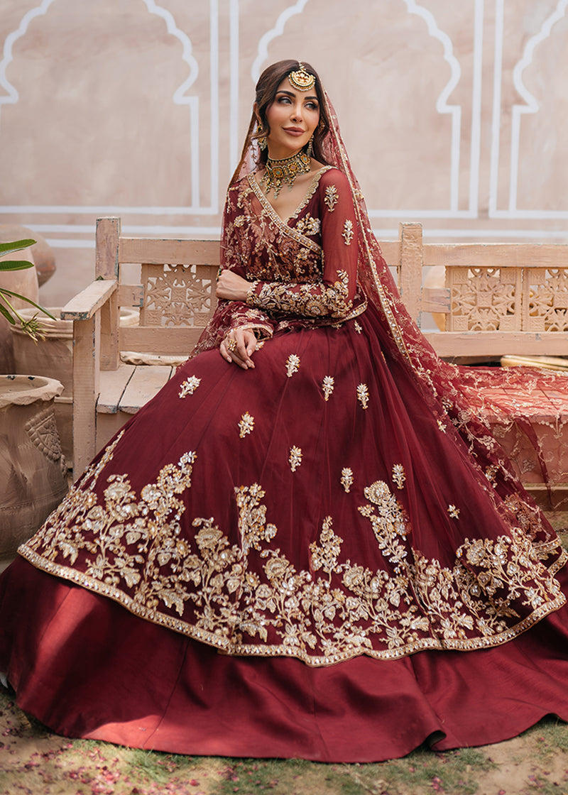 Burgundy Zardozi Net Silk Bridal Pishwas (3-Piece) - Image 1