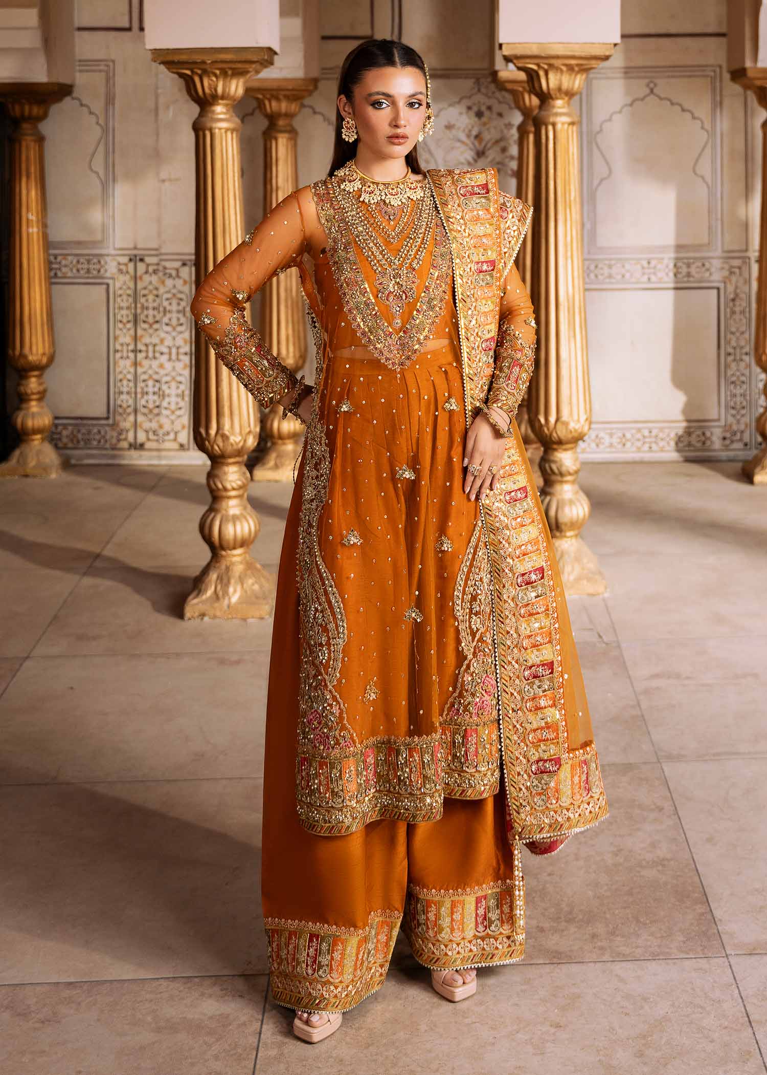 Pakistani Rust Embroidered Bareeze Net Pishwas (3-Piece) - Image 1