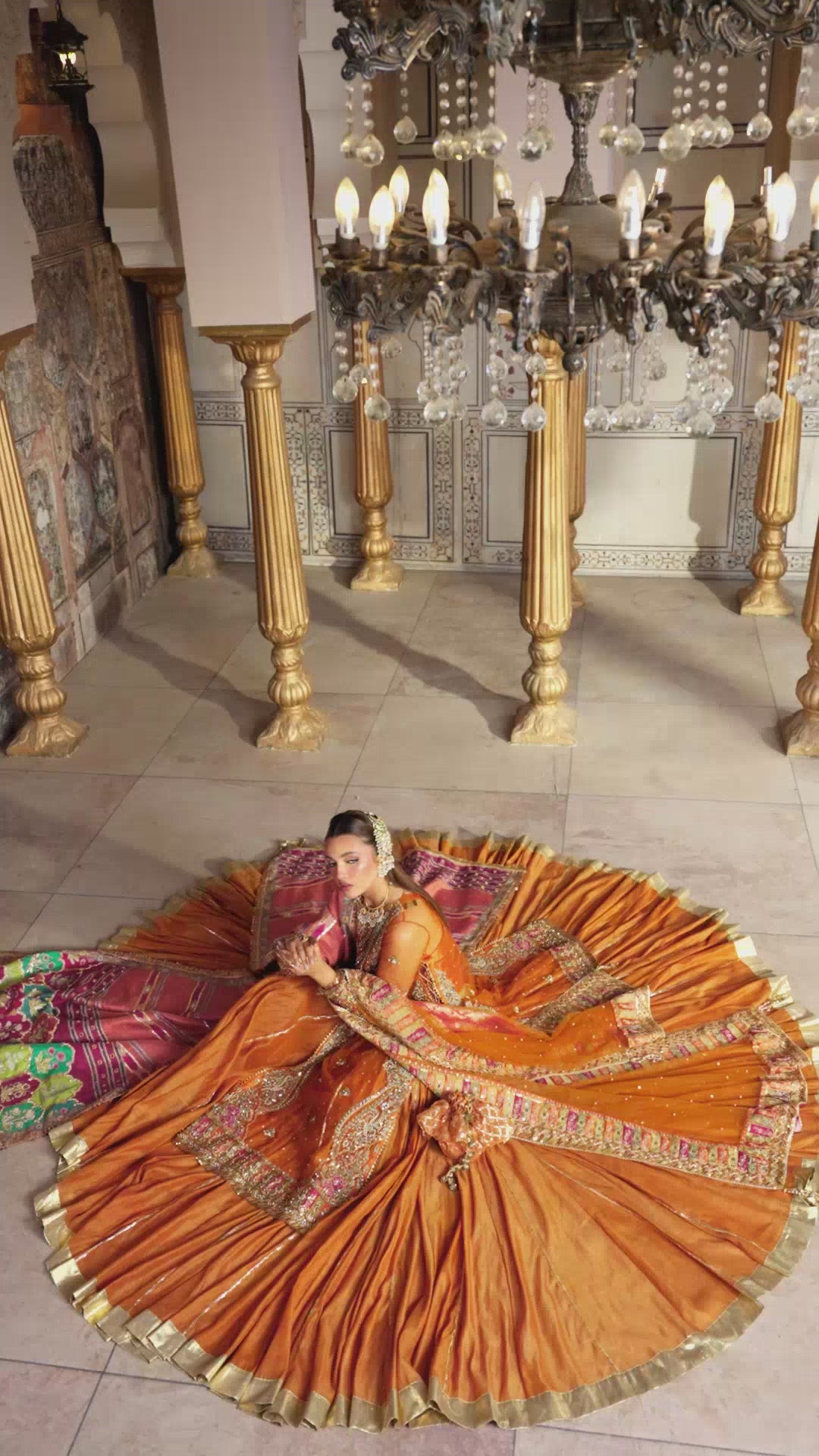 Pakistani Rust Embroidered Bareeze Net Pishwas (3-Piece) - Image 8