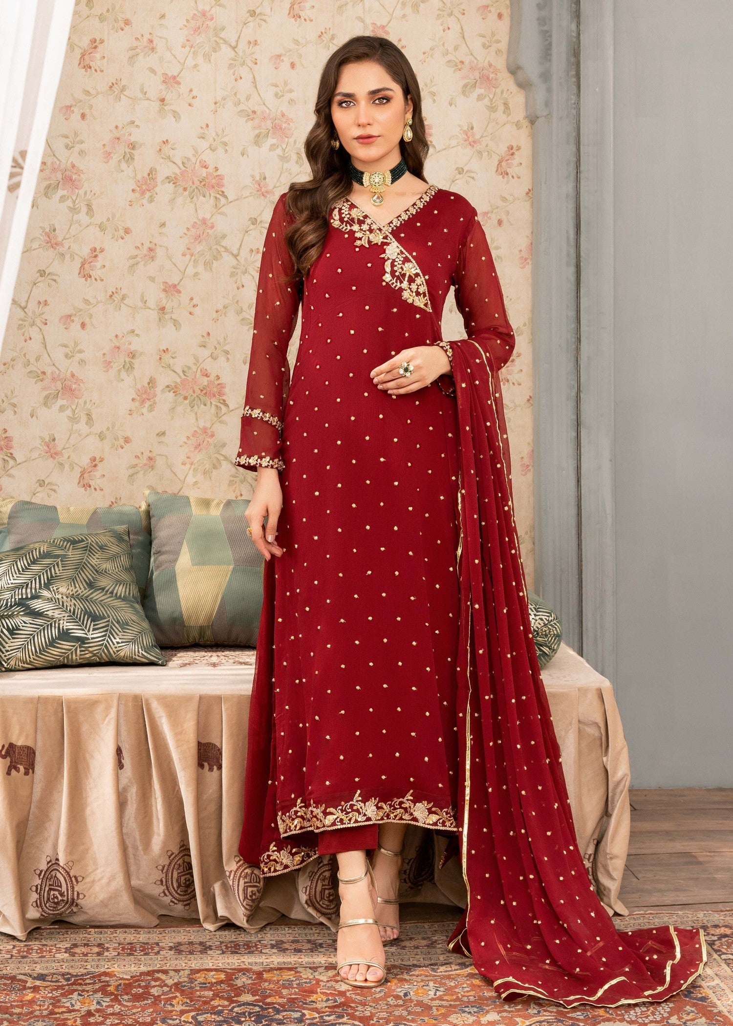 Pakistani Maroon Sequin Embroidered Chiffon Angrakha Pishwas (3-Piece) - Image 1