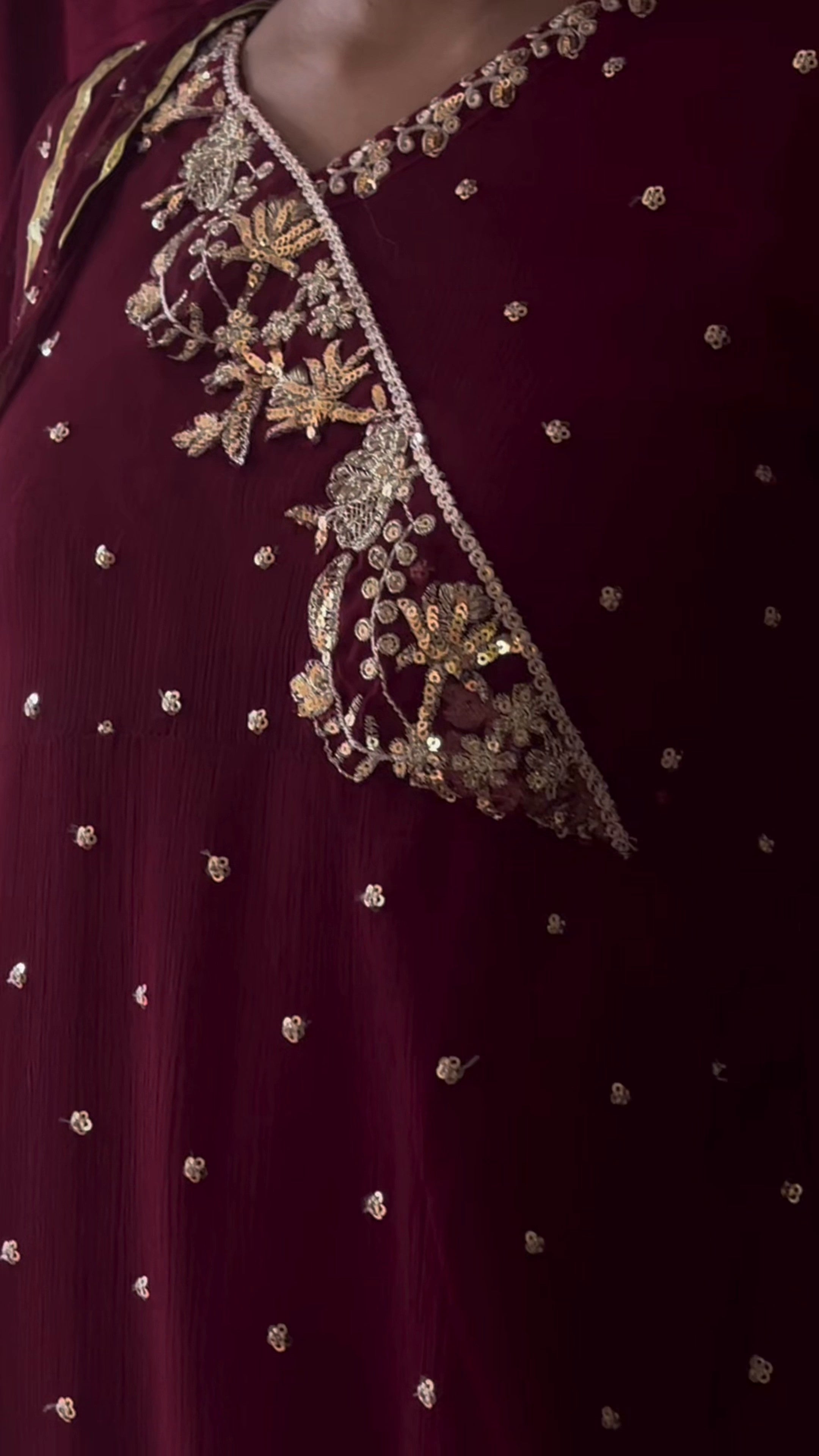 Pakistani Maroon Sequin Embroidered Chiffon Angrakha Pishwas (3-Piece) - Image 10