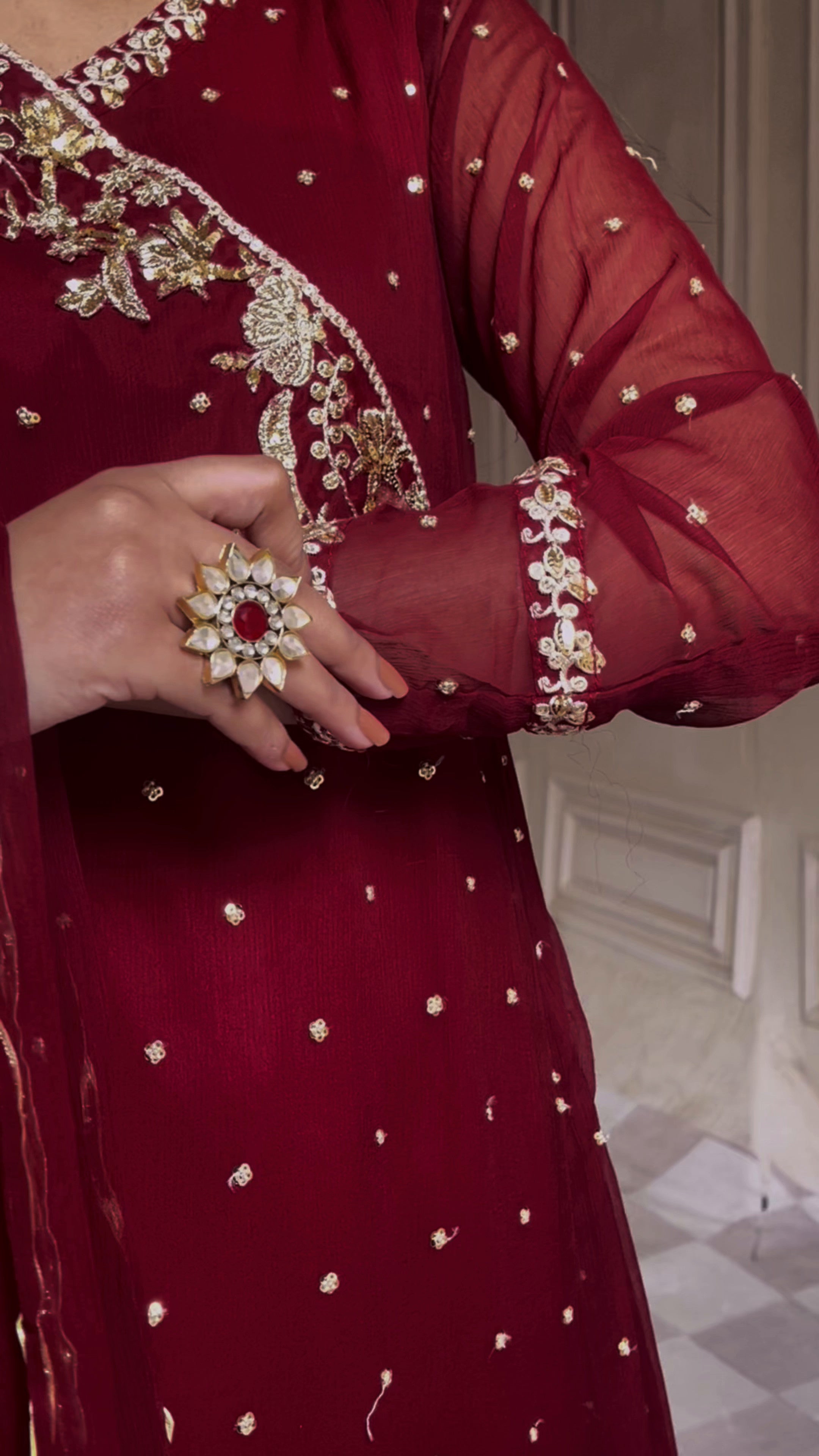 Pakistani Maroon Sequin Embroidered Chiffon Angrakha Pishwas (3-Piece) - Image 11