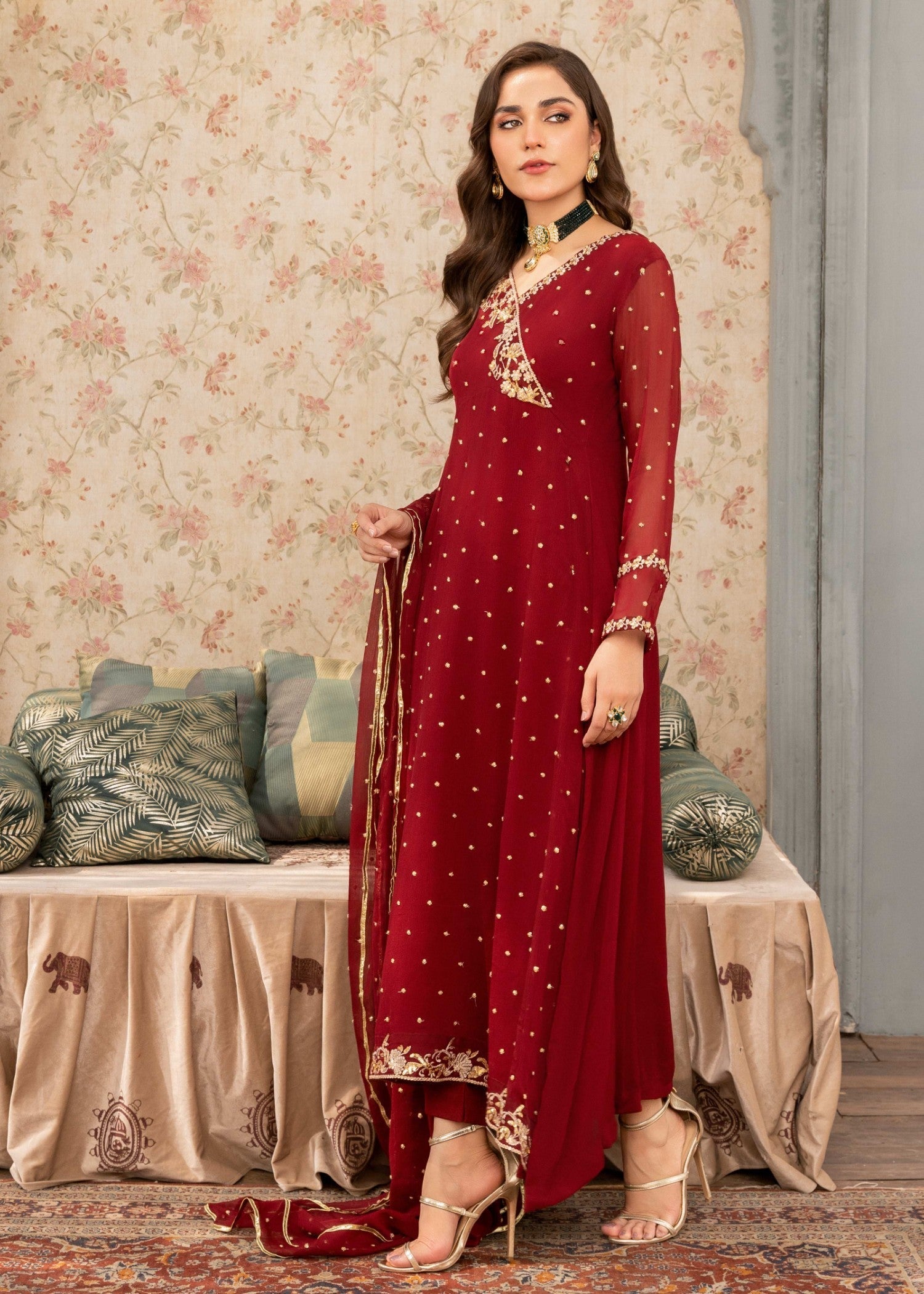 Pakistani Maroon Sequin Embroidered Chiffon Angrakha Pishwas (3-Piece) - Image 2