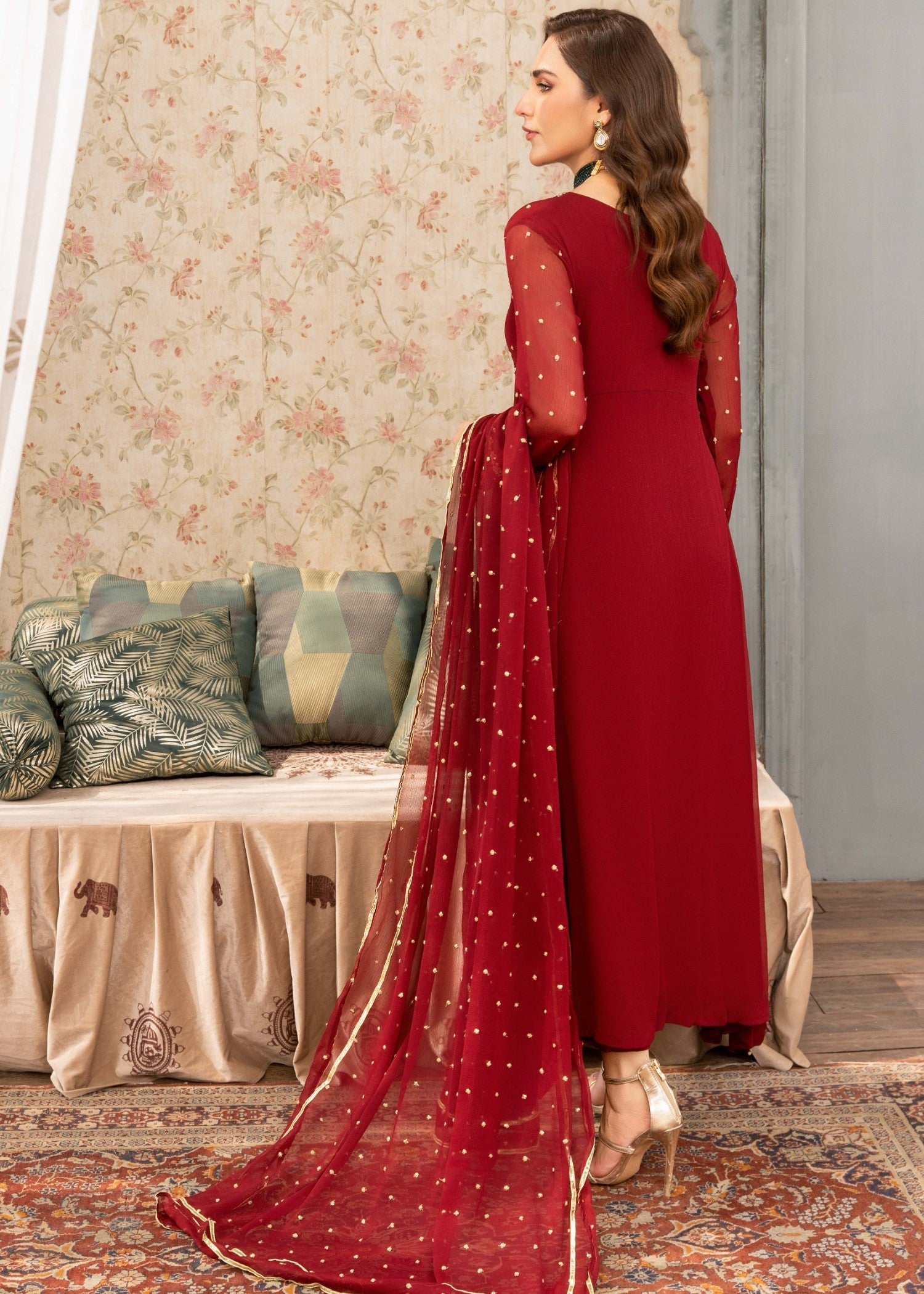 Pakistani Maroon Sequin Embroidered Chiffon Angrakha Pishwas (3-Piece) - Image 3