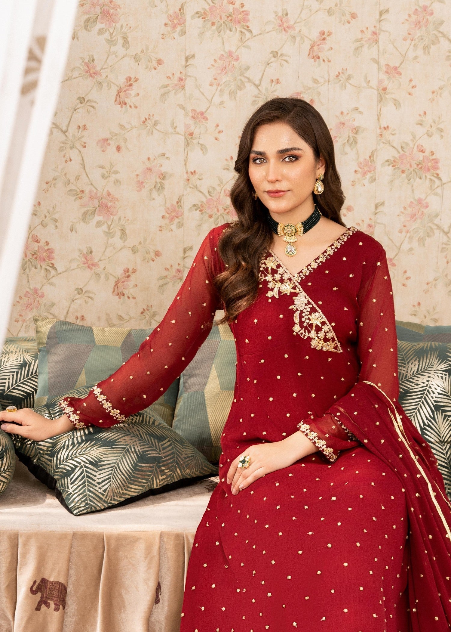 Pakistani Maroon Sequin Embroidered Chiffon Angrakha Pishwas (3-Piece) - Image 4