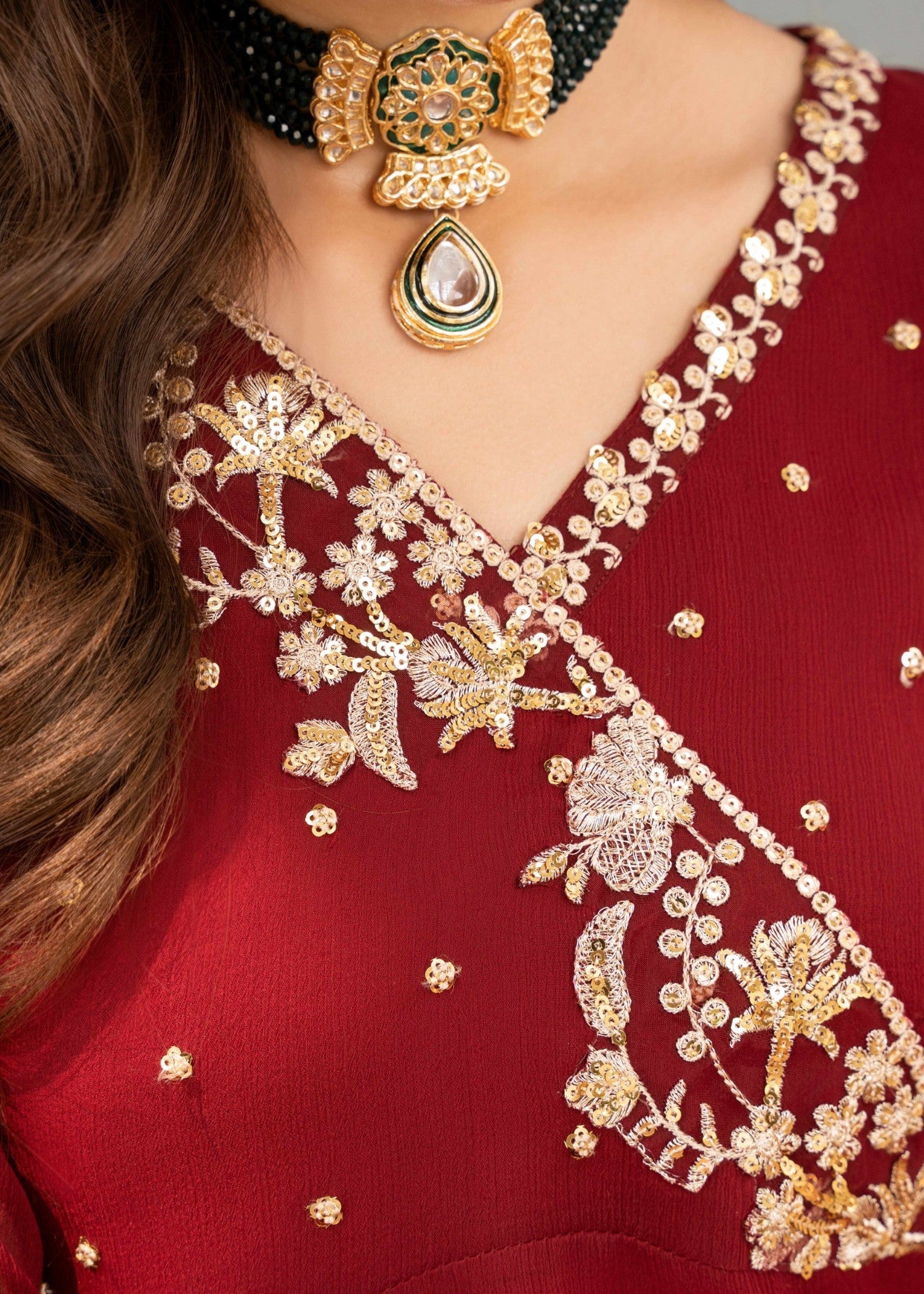 Pakistani Maroon Sequin Embroidered Chiffon Angrakha Pishwas (3-Piece) - Image 6