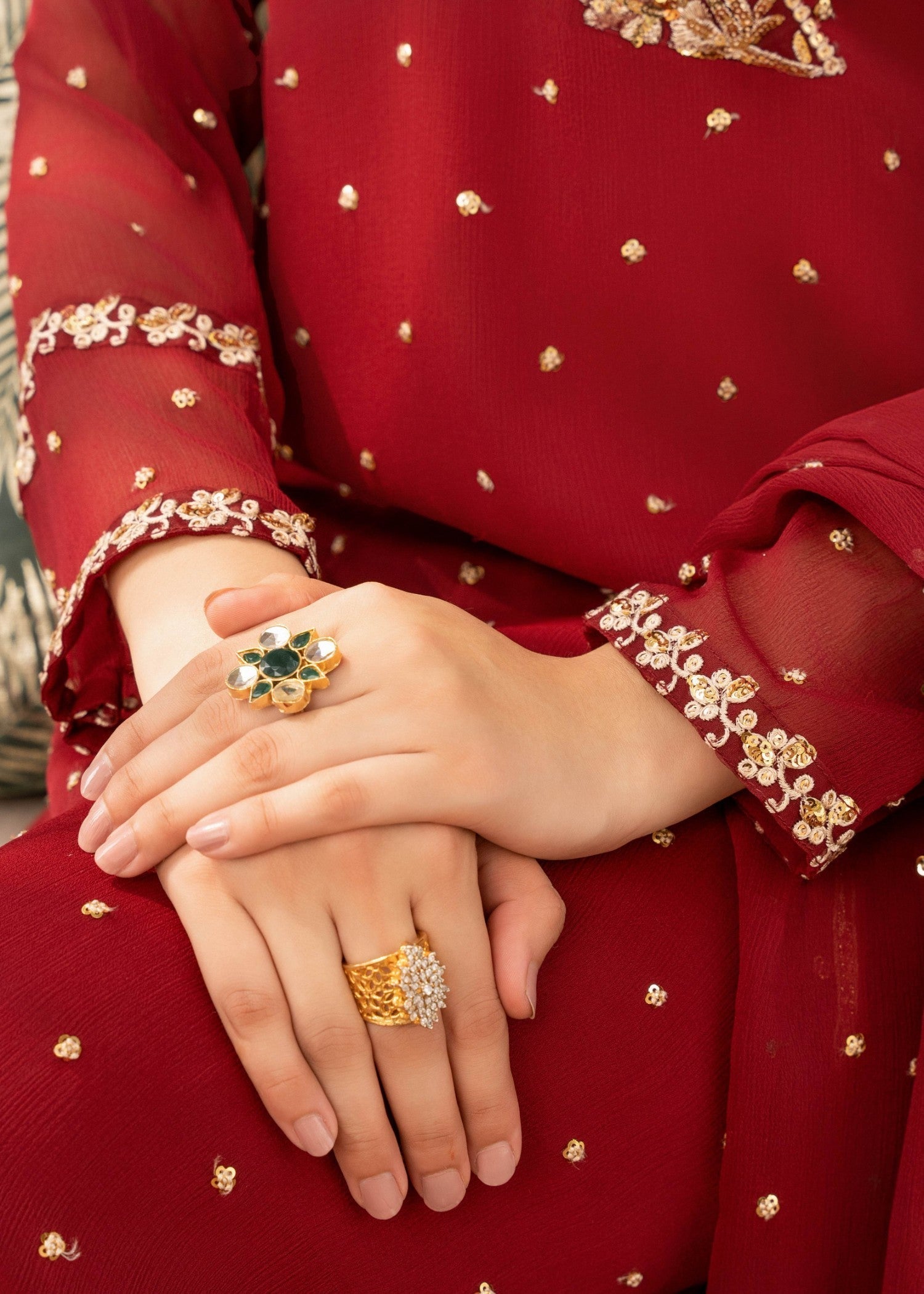 Pakistani Maroon Sequin Embroidered Chiffon Angrakha Pishwas (3-Piece) - Image 7