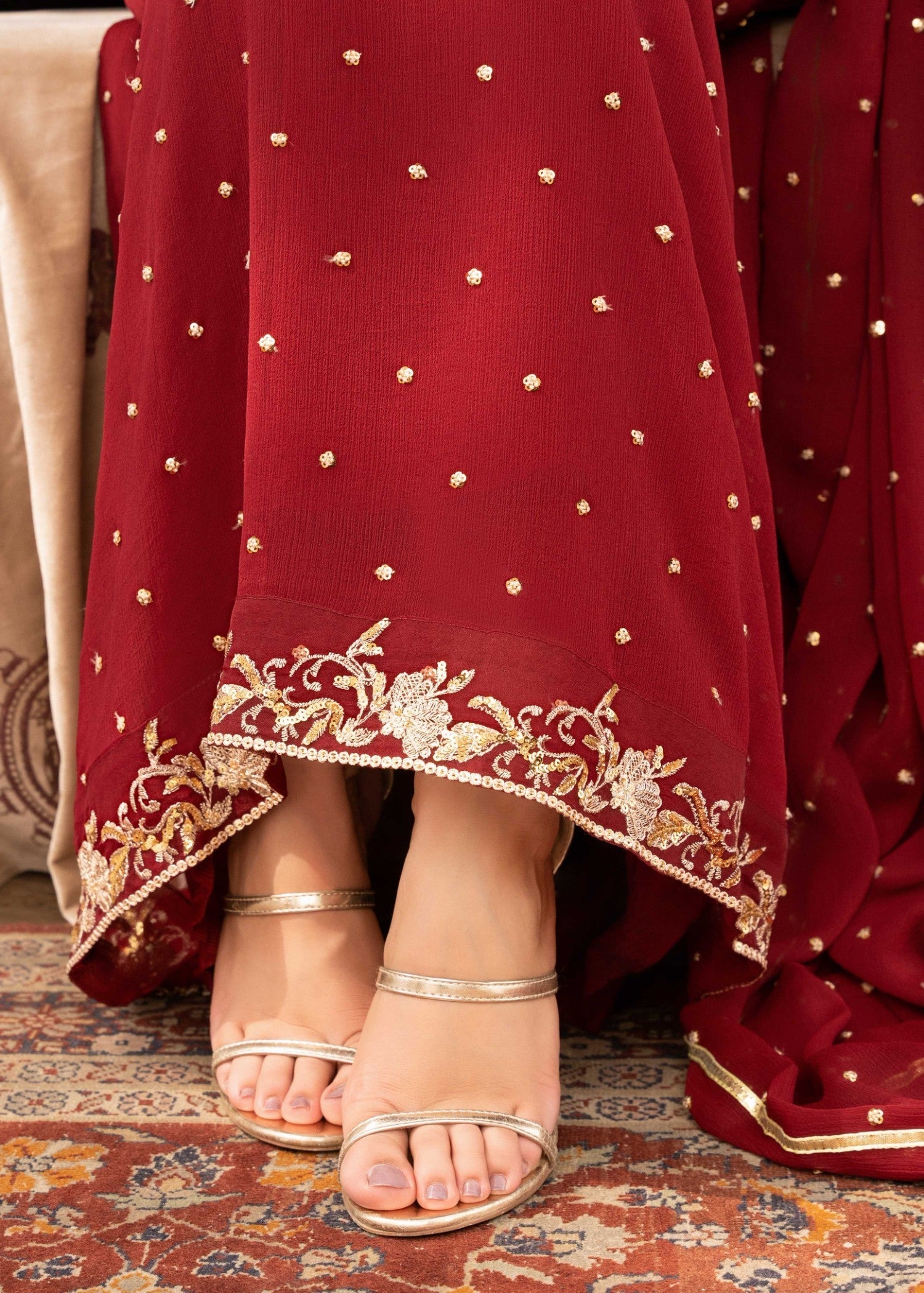 Pakistani Maroon Sequin Embroidered Chiffon Angrakha Pishwas (3-Piece) - Image 8