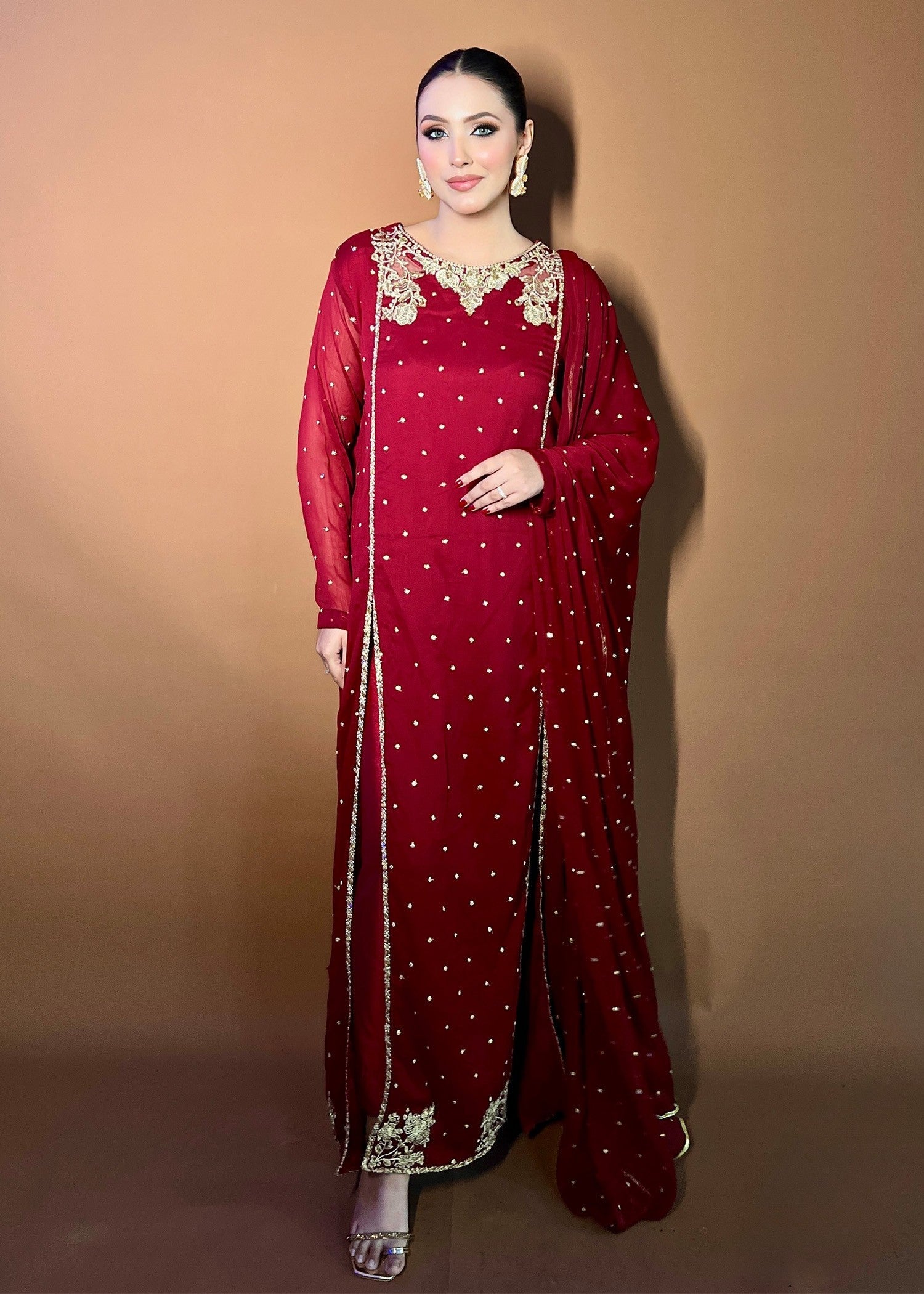 Maroon Sequin Embroidered Chiffon Pishwas (3-Piece) - Image 1