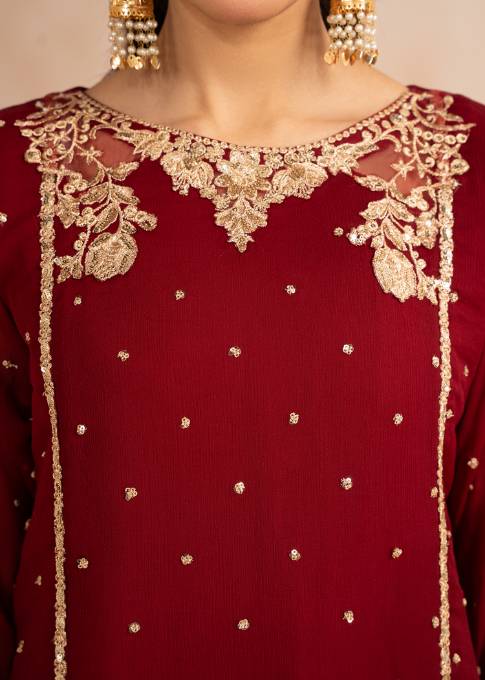 Maroon Sequin Embroidered Chiffon Pishwas (3-Piece) - Image 10