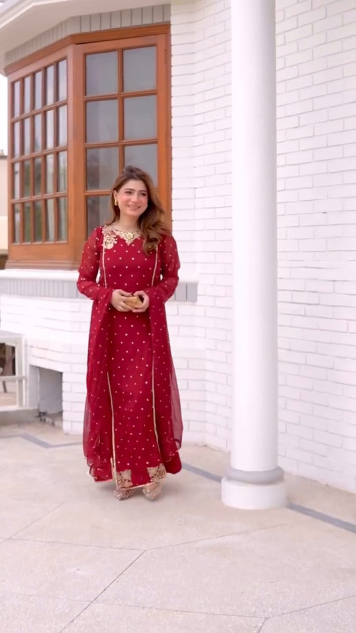 Maroon Sequin Embroidered Chiffon Pishwas (3-Piece) - Image 14