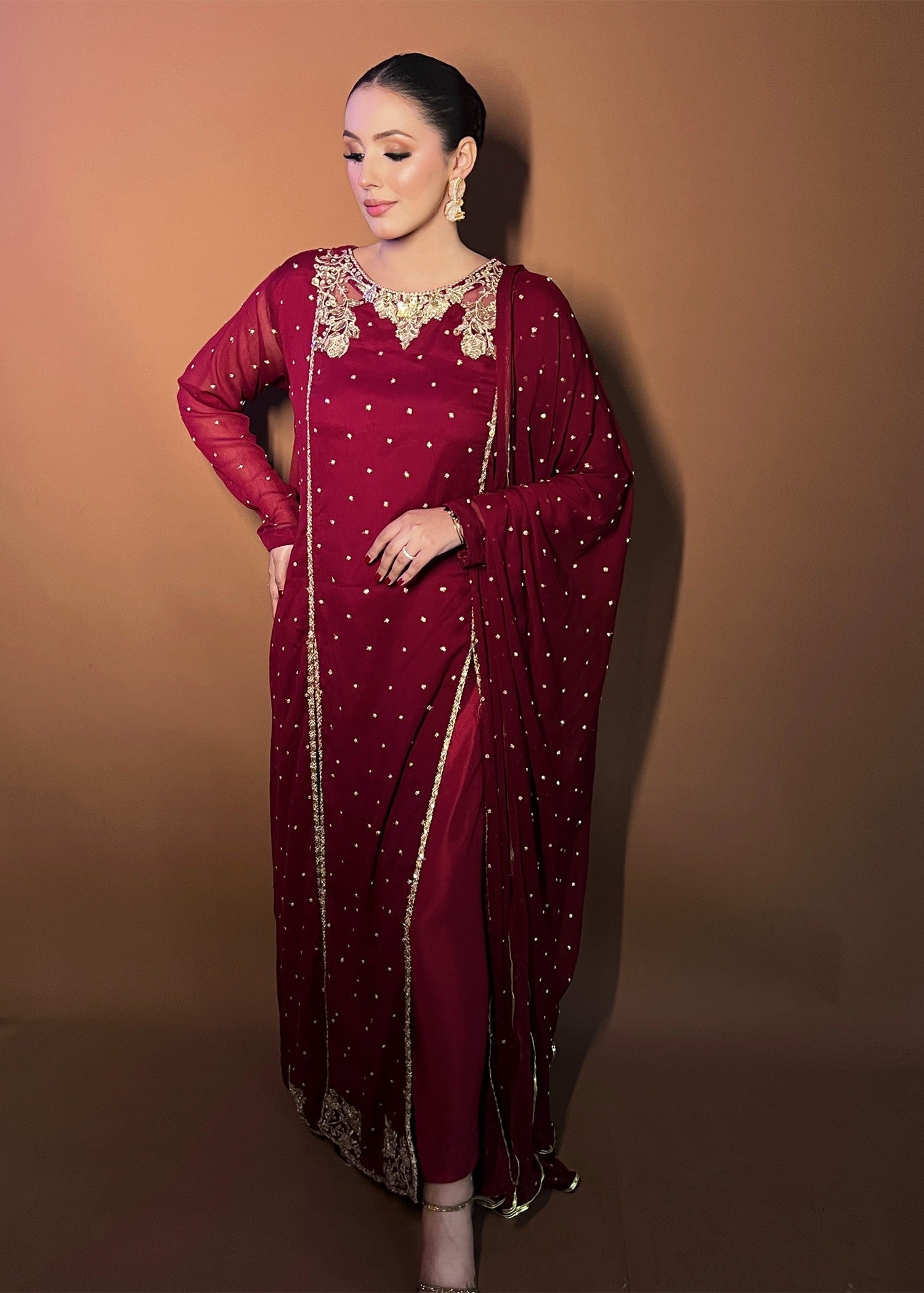 Maroon Sequin Embroidered Chiffon Pishwas (3-Piece) - Image 3