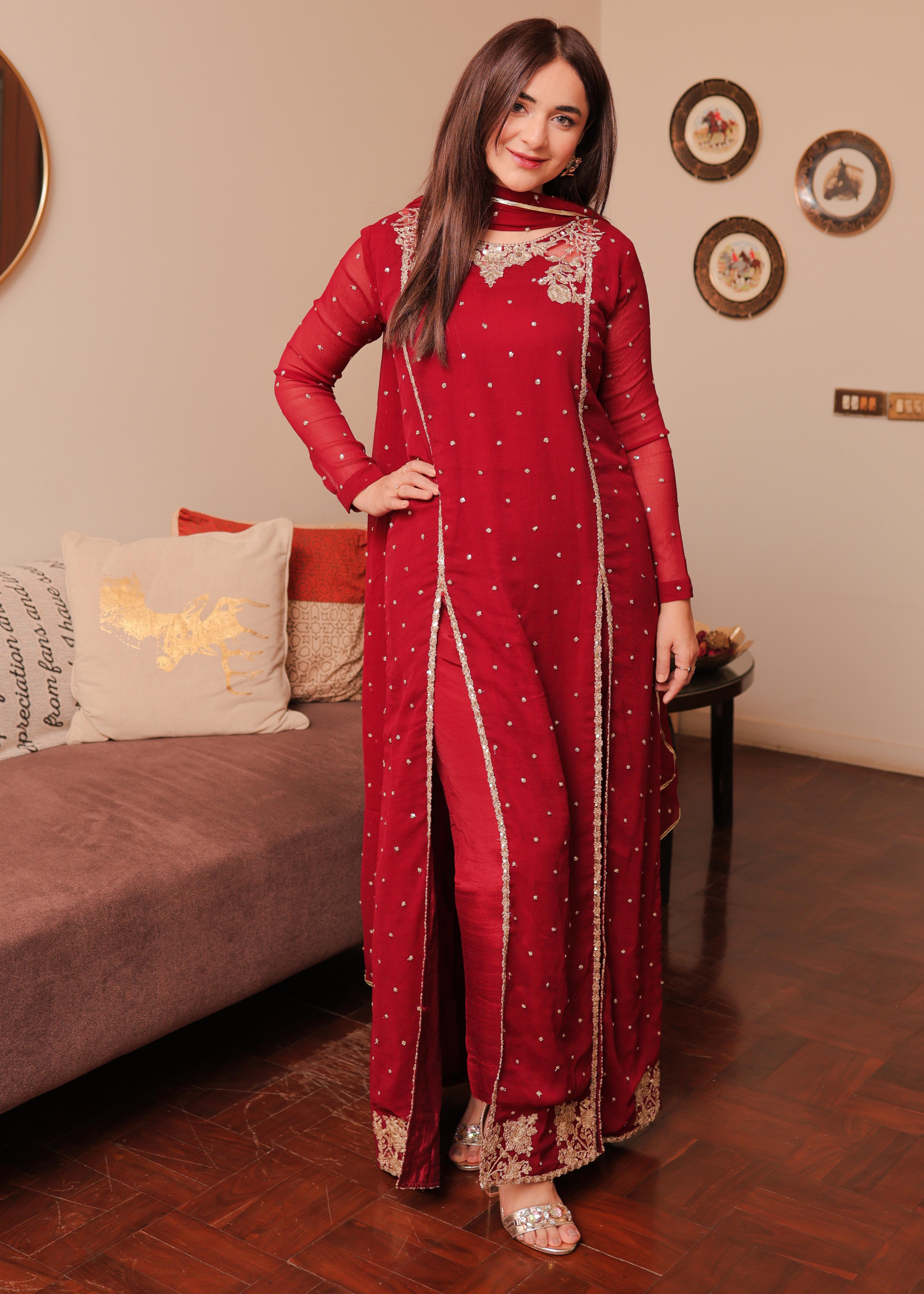 Maroon Sequin Embroidered Chiffon Pishwas (3-Piece) - Image 4