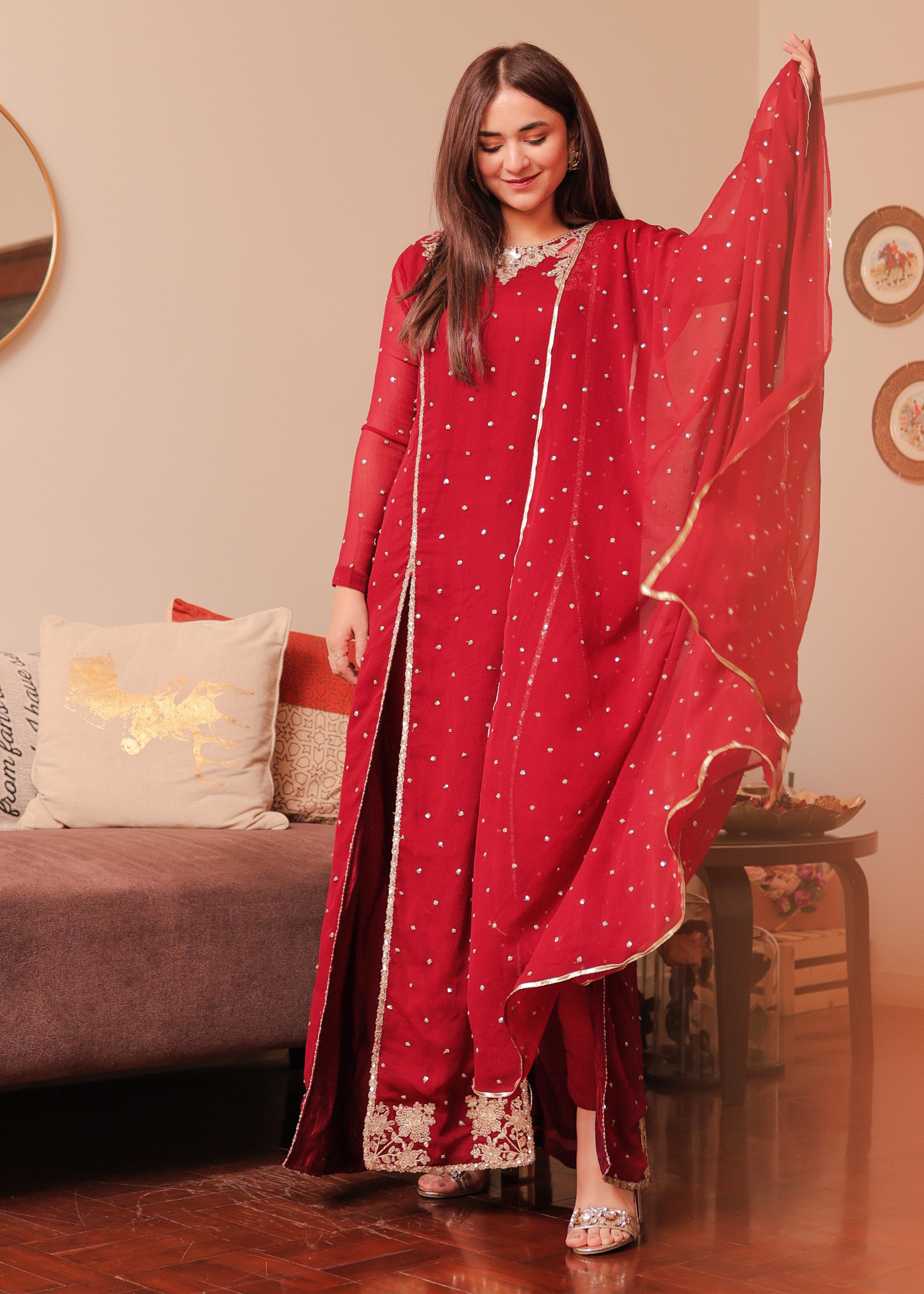 Maroon Sequin Embroidered Chiffon Pishwas (3-Piece) - Image 5