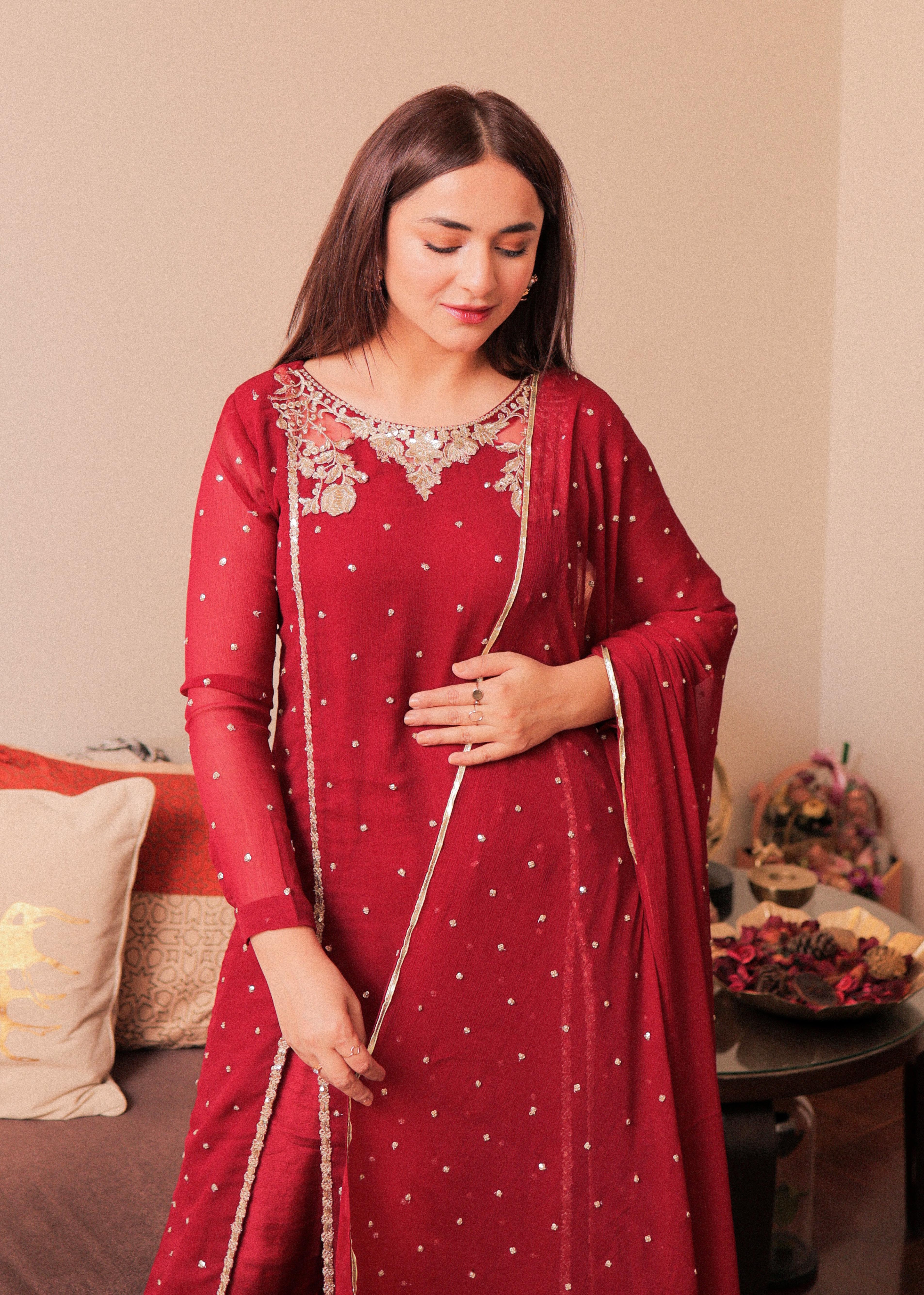 Maroon Sequin Embroidered Chiffon Pishwas (3-Piece) - Image 6