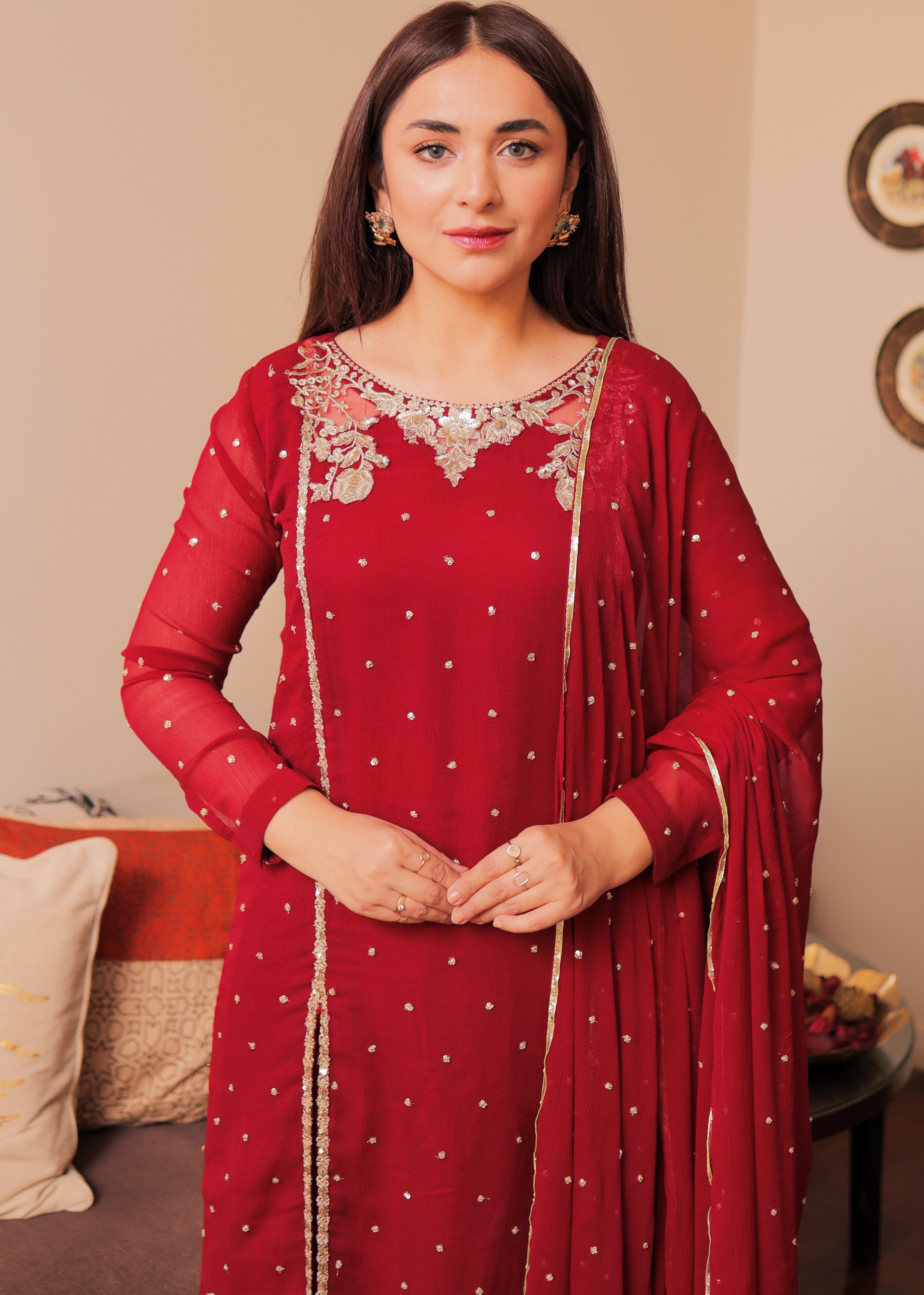 Maroon Sequin Embroidered Chiffon Pishwas (3-Piece) - Image 7