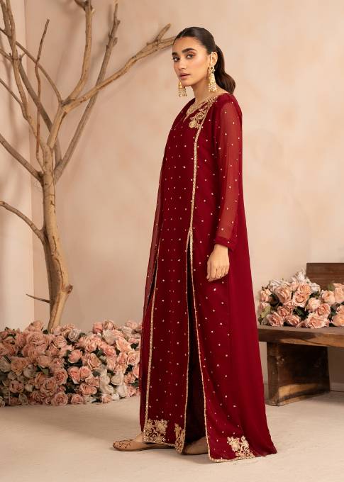 Maroon Sequin Embroidered Chiffon Pishwas (3-Piece) - Image 8