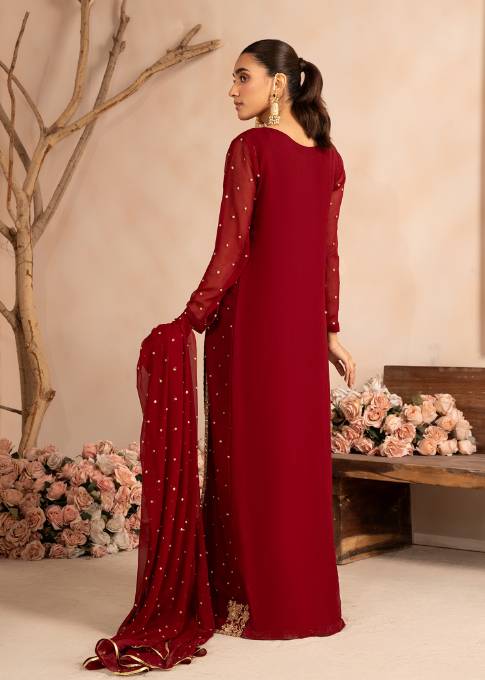 Maroon Sequin Embroidered Chiffon Pishwas (3-Piece) - Image 9